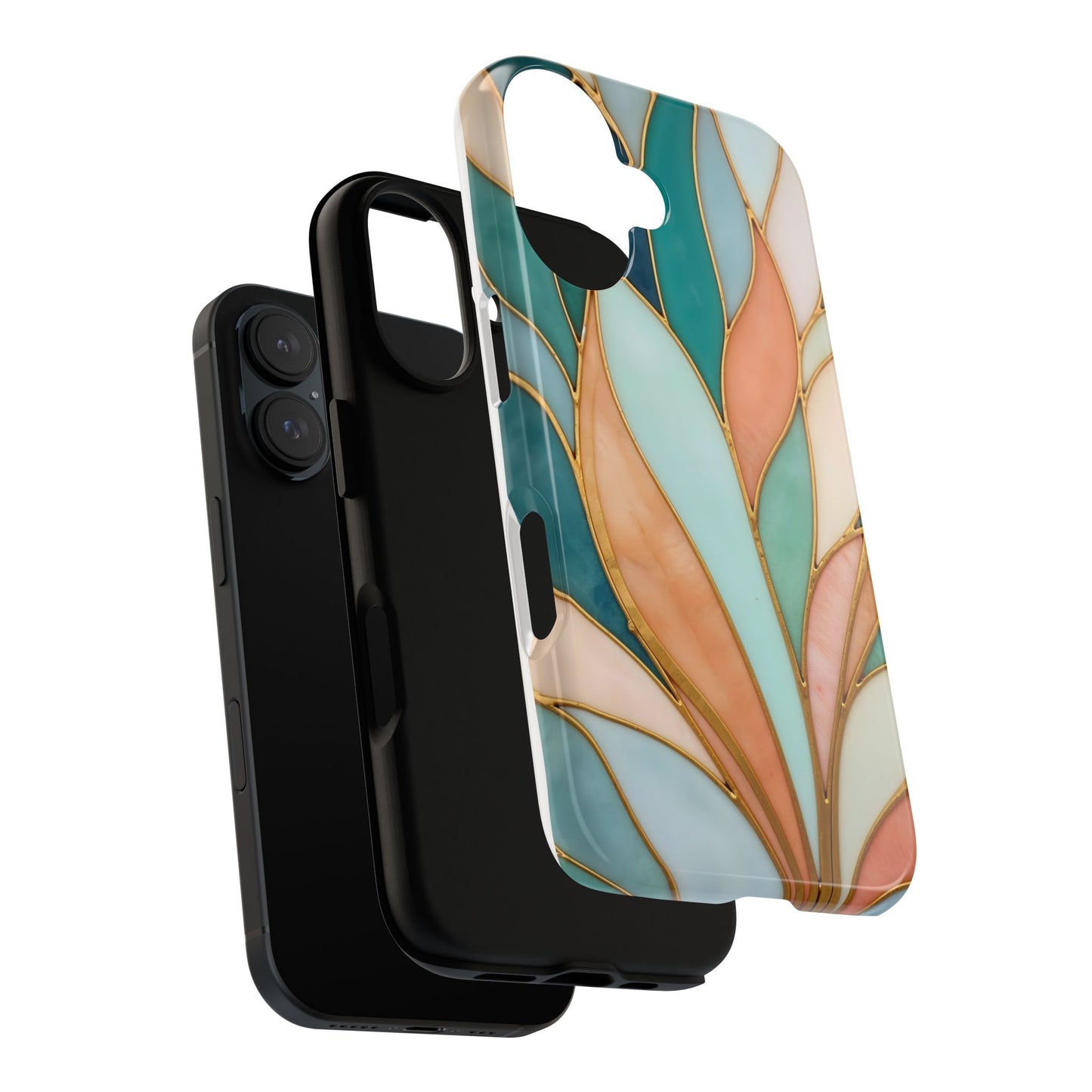 Geometric Leaves: Teal, Peach, and Gold Harmony
