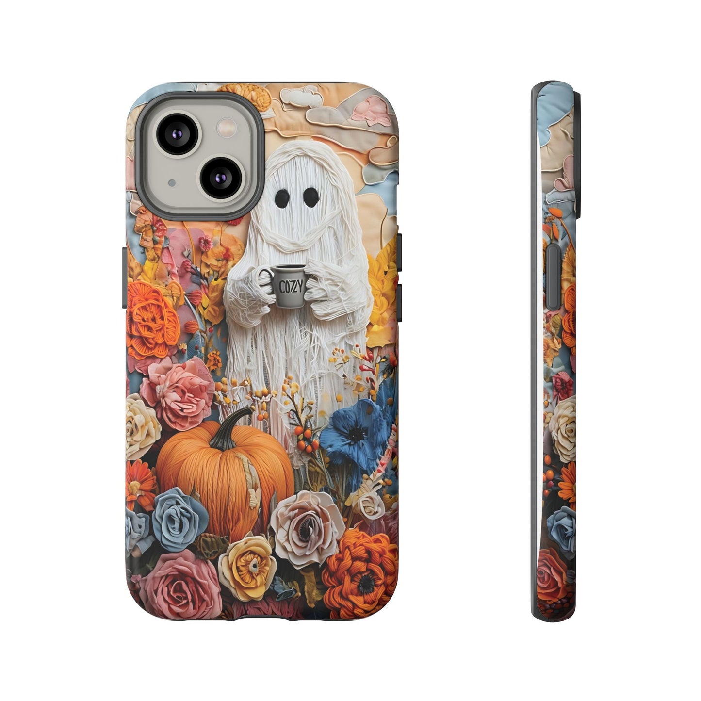 Colorful Whimsical Artwork of Ghost in Autumn Scene phone case design.