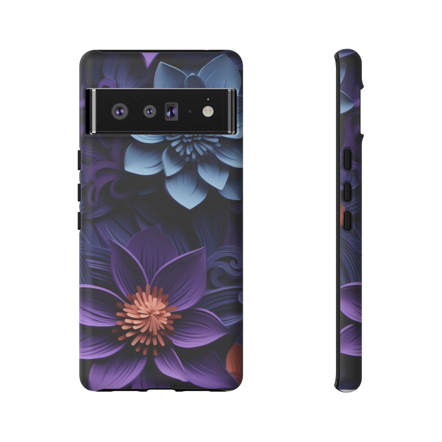 3D Floral Elegance Mobile Case – Midnight Blue & Purple Bloom