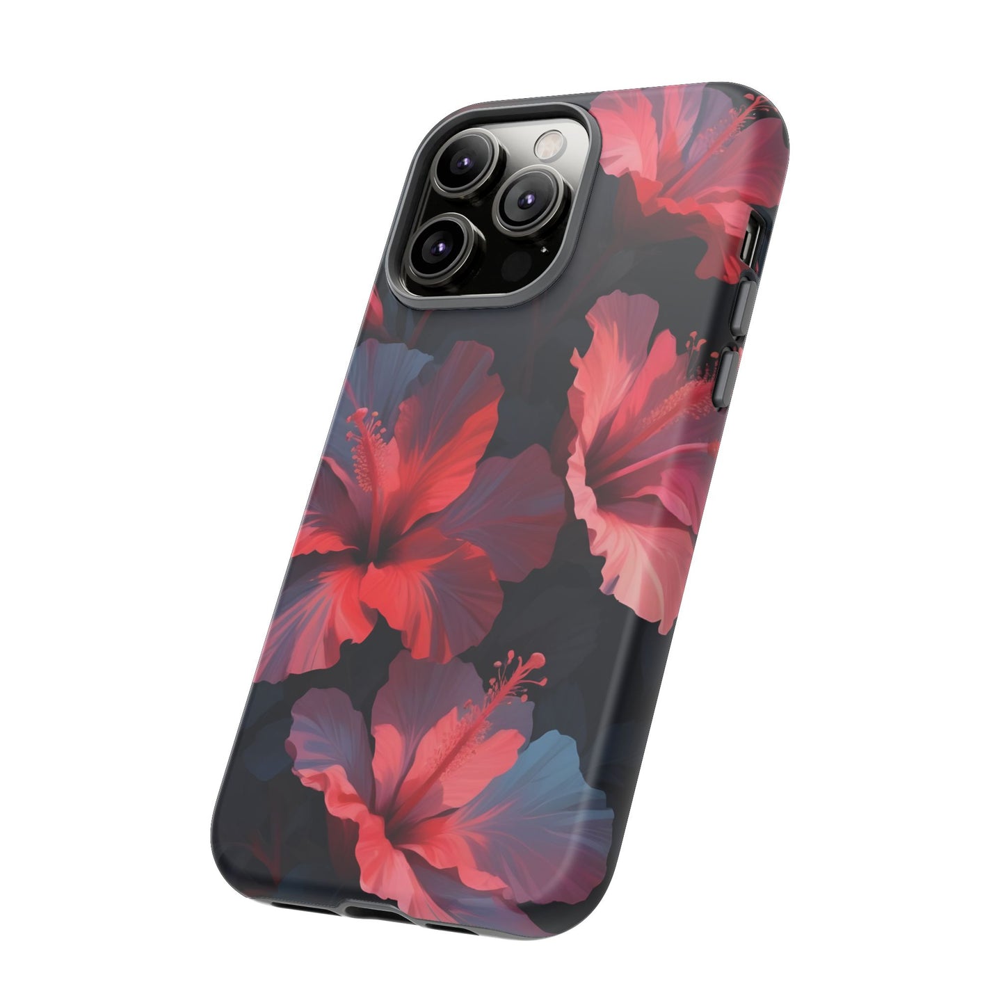 Vibrant red and pink hibiscus flowers blooming against a dark background| Floral phone case design