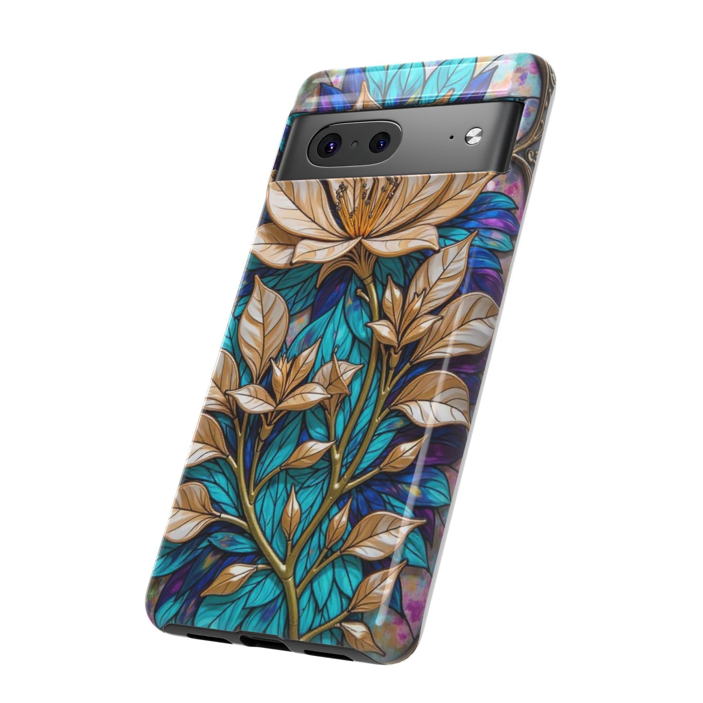Majestic Golden Blossoms on Mosaic Blue Splendor