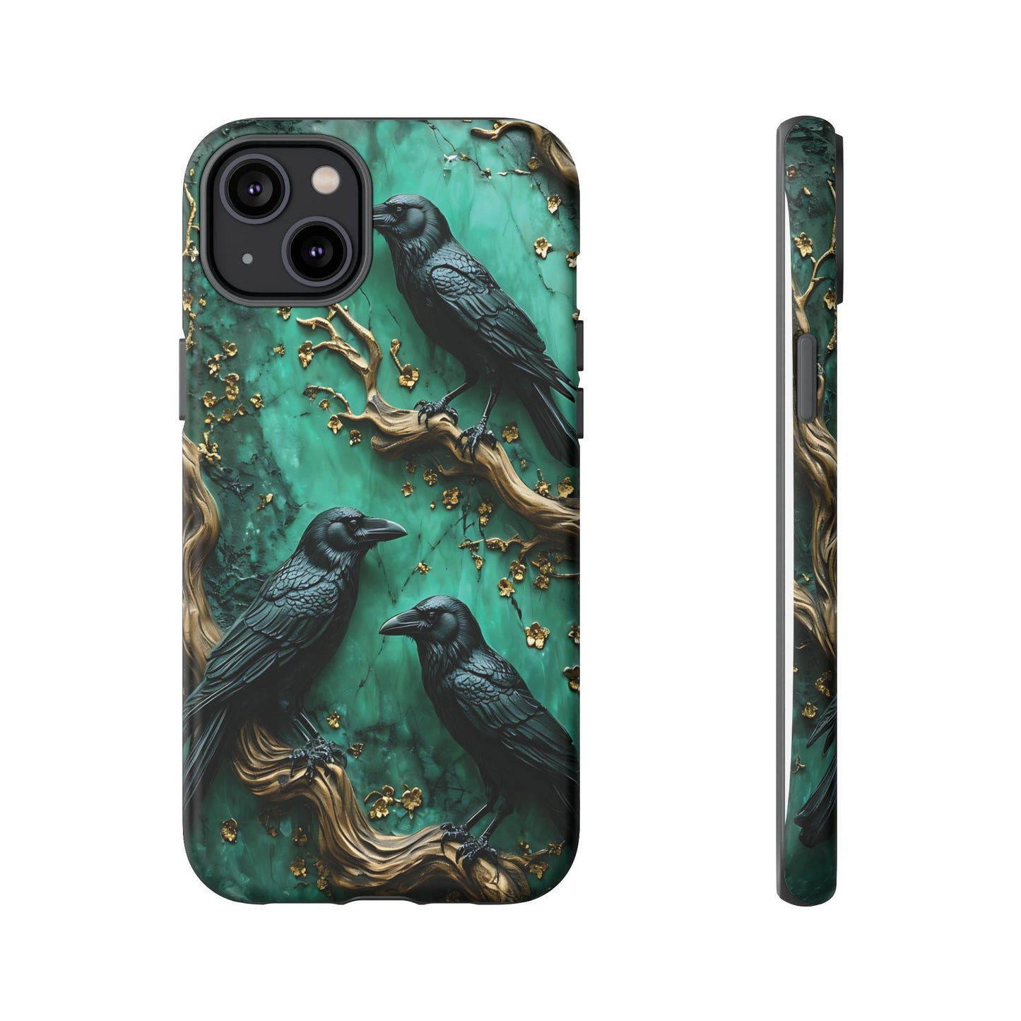 Three Black Ravens Perched On Gold-Accent Branches phone case design