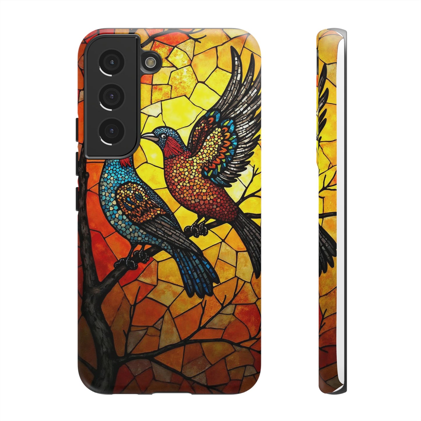 Vibrant Hummingbirds with Stained Glass Charm
