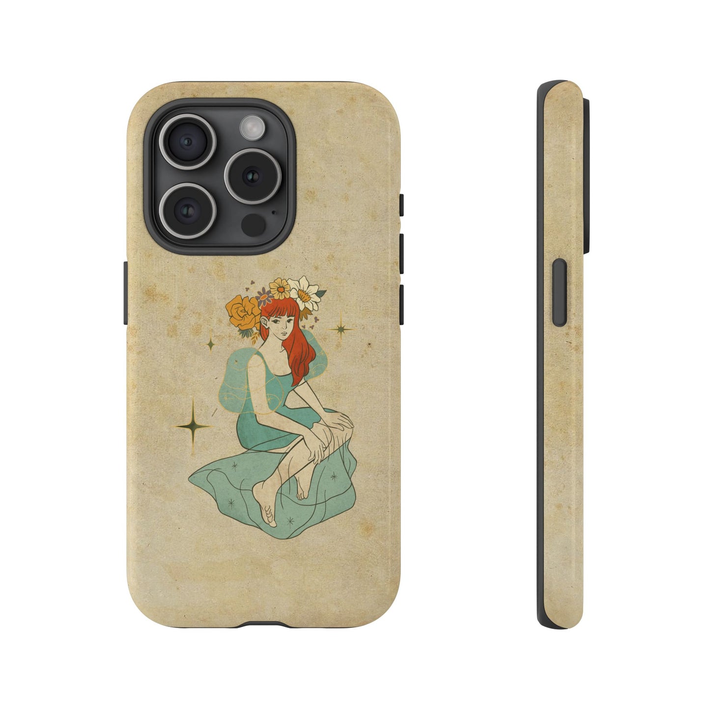 Vintage Aesthetic Phone Case – Cute Girl with Flower Crown | Minimal Beige Cover for iPhone, Samsung & Pixel