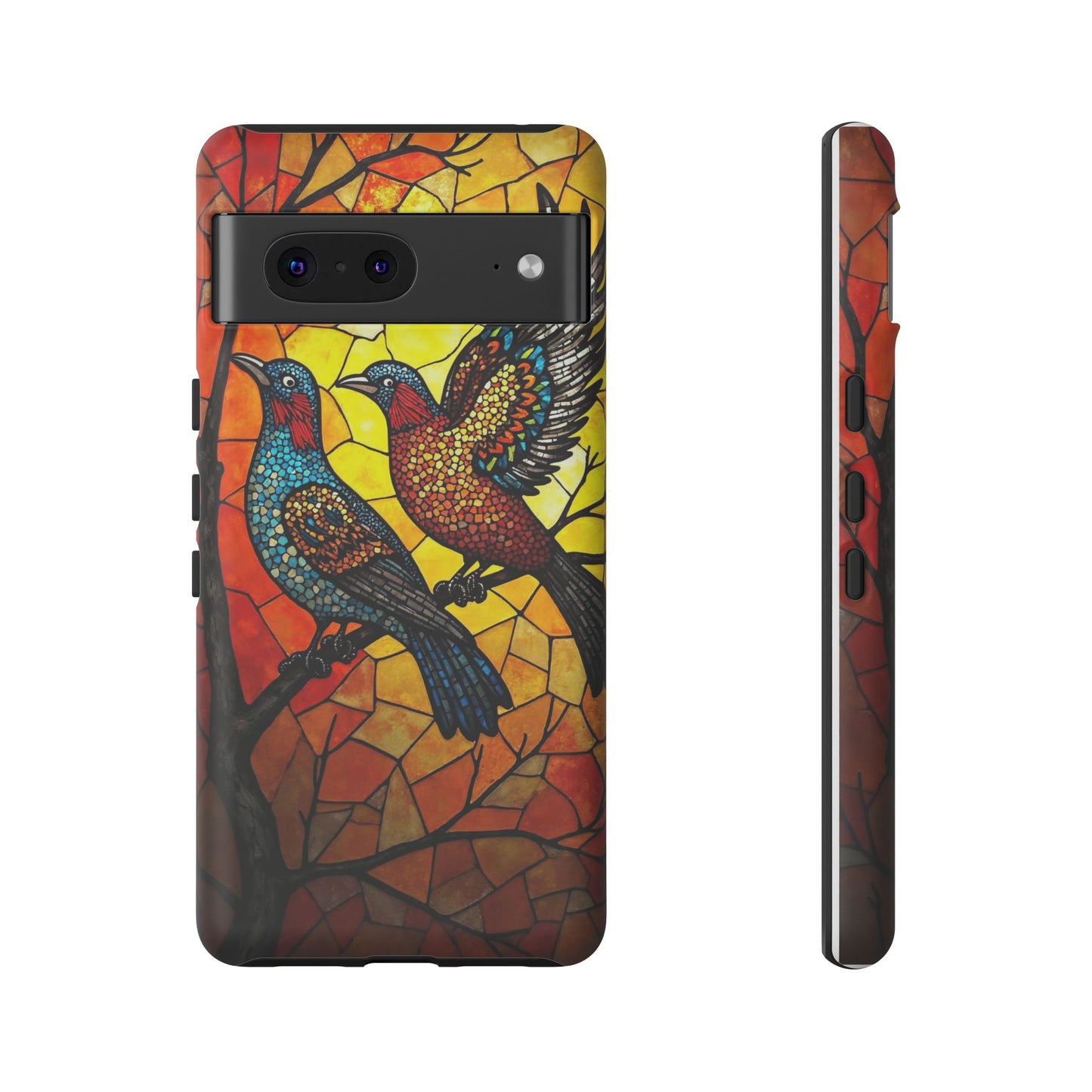 Vibrant Hummingbirds with Stained Glass Charm