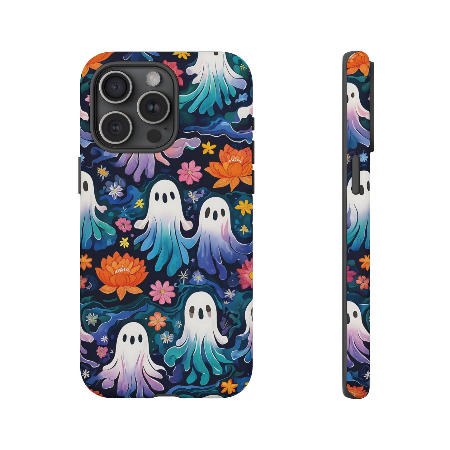 Whimsical Pattern Of Ghosts And Colorful Flowers phone case design.
