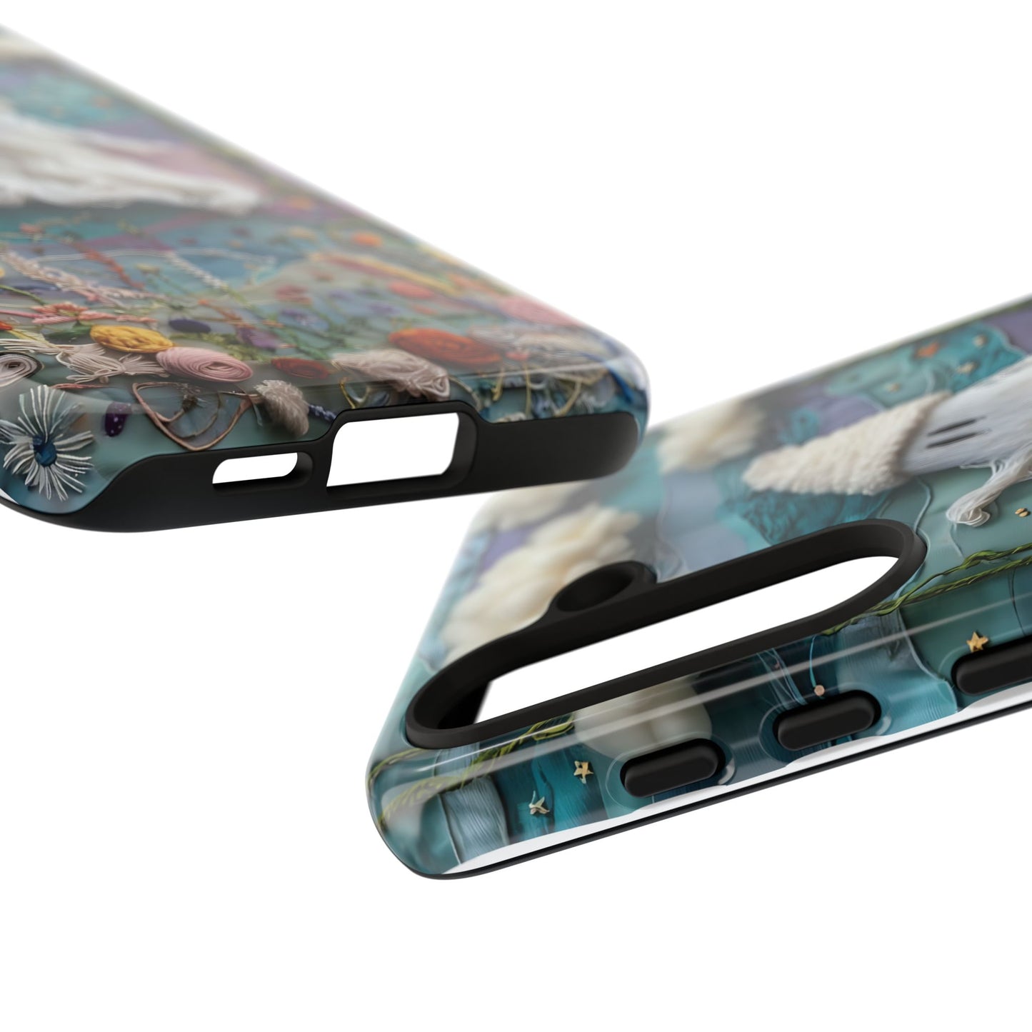 Whimsical Ghost Surrounded By Vibrant Embroidered Flowers phone case design.