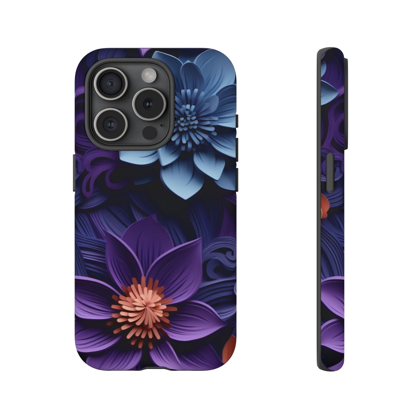 3D Floral Elegance Mobile Case – Midnight Blue & Purple Bloom