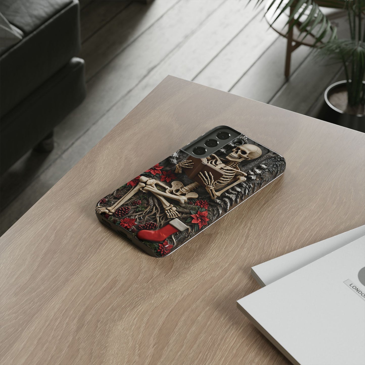 Surreal Relief Sculpture of Skeleton Reading Amidst Festive Decor phone case design