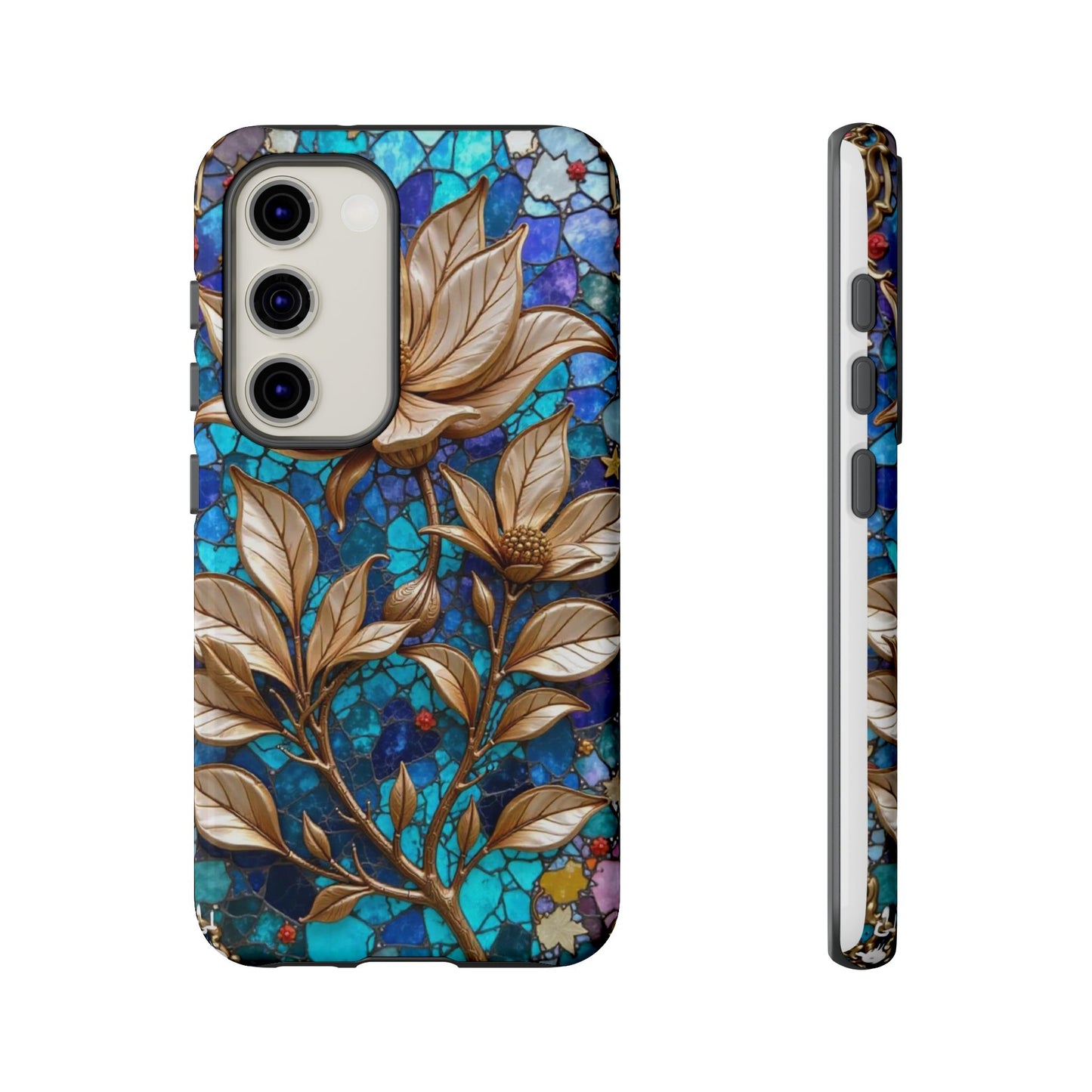 Golden Blossoms on Mosaic Blue Elegance