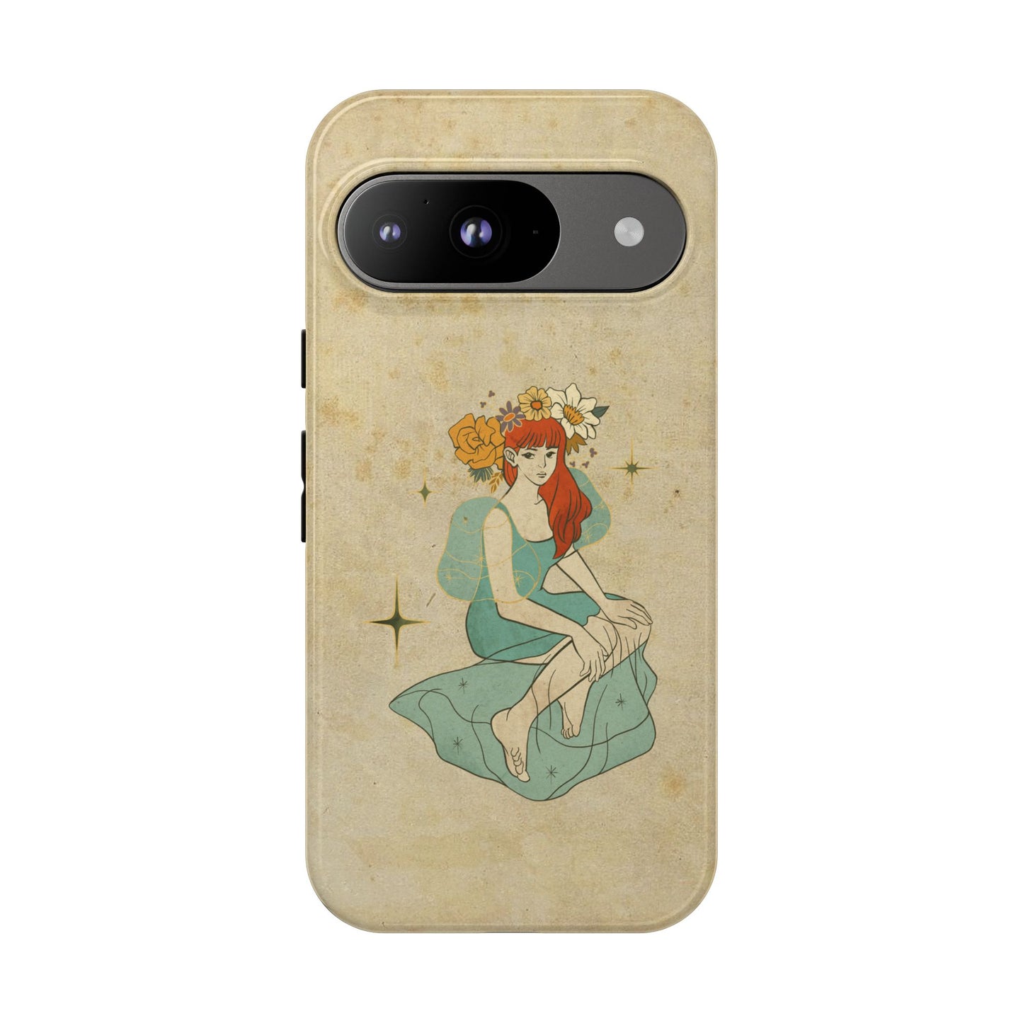 Vintage Aesthetic Phone Case – Cute Girl with Flower Crown | Minimal Beige Cover for iPhone, Samsung & Pixel