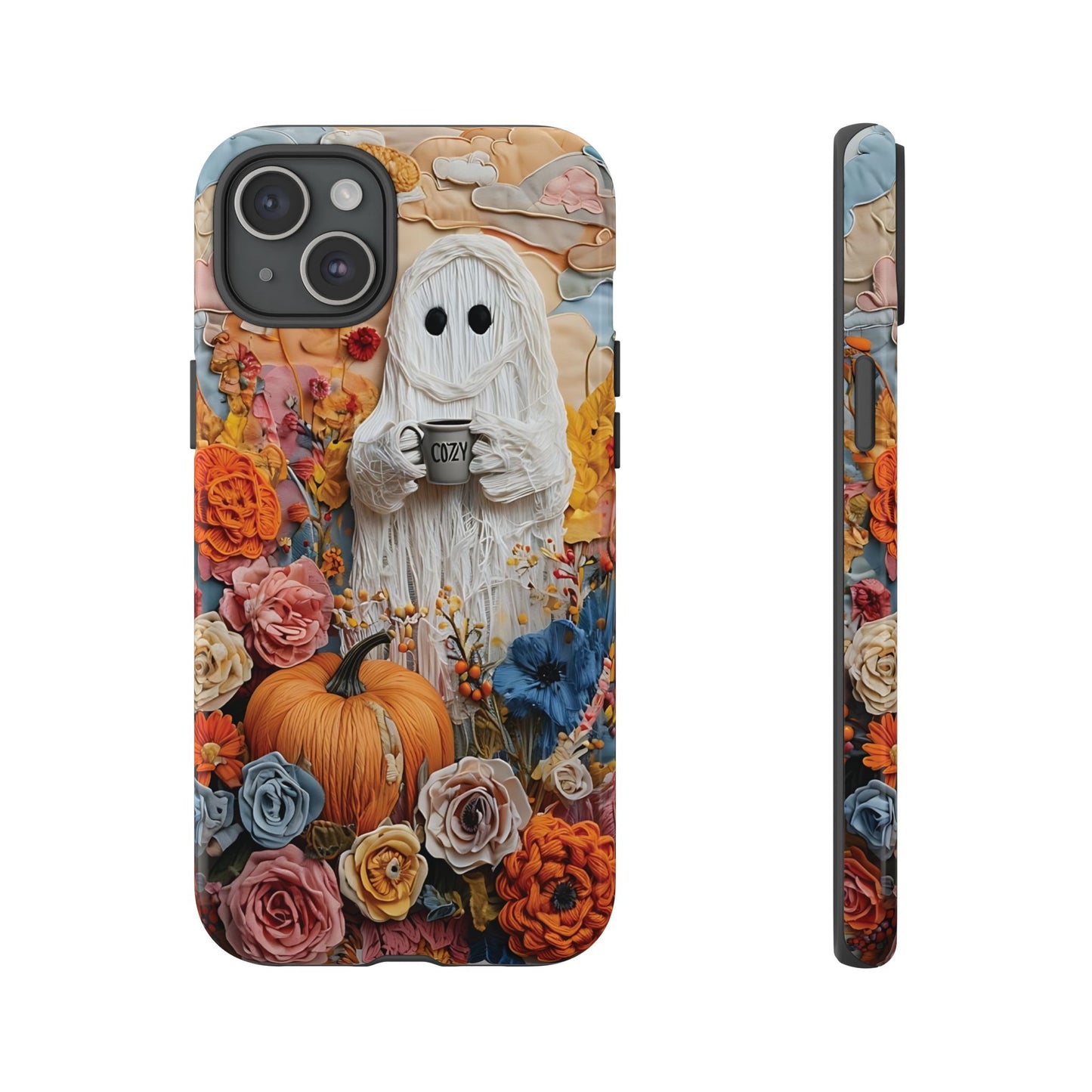 Colorful Whimsical Artwork of Ghost in Autumn Scene phone case design.