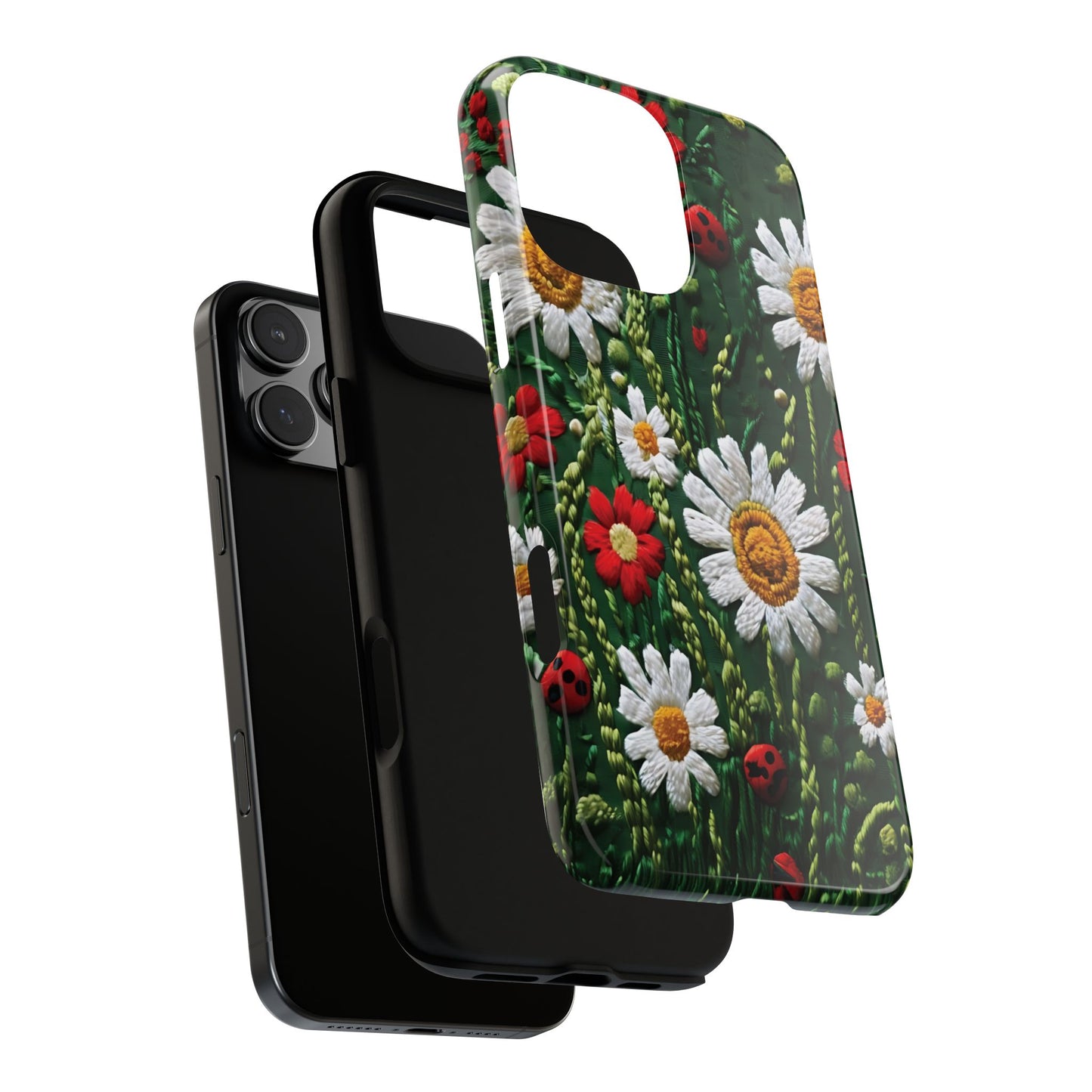 Intricate Embroidered Fabric Featuring Daisies And Ladybugs phone case design