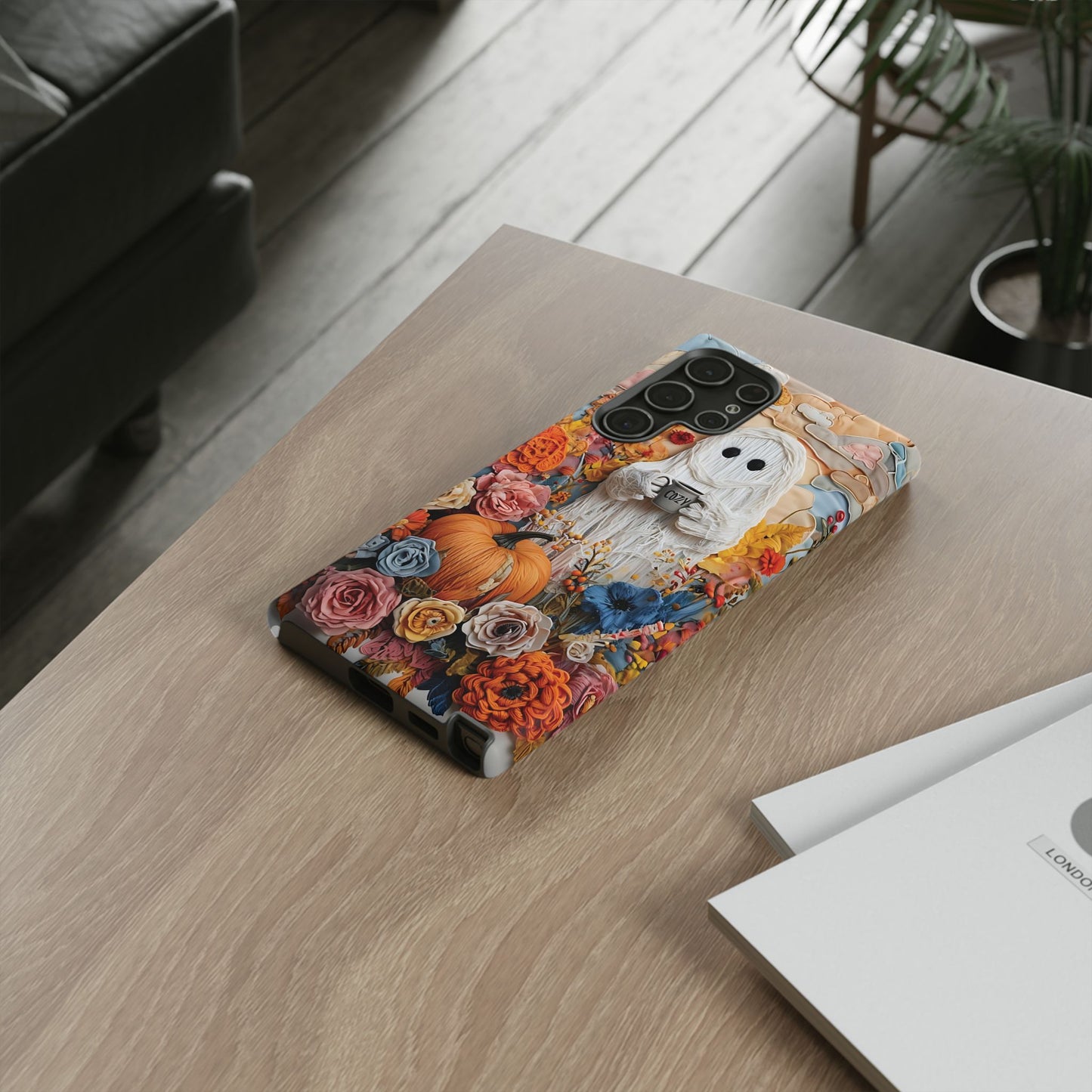 Colorful Whimsical Artwork of Ghost in Autumn Scene phone case design.