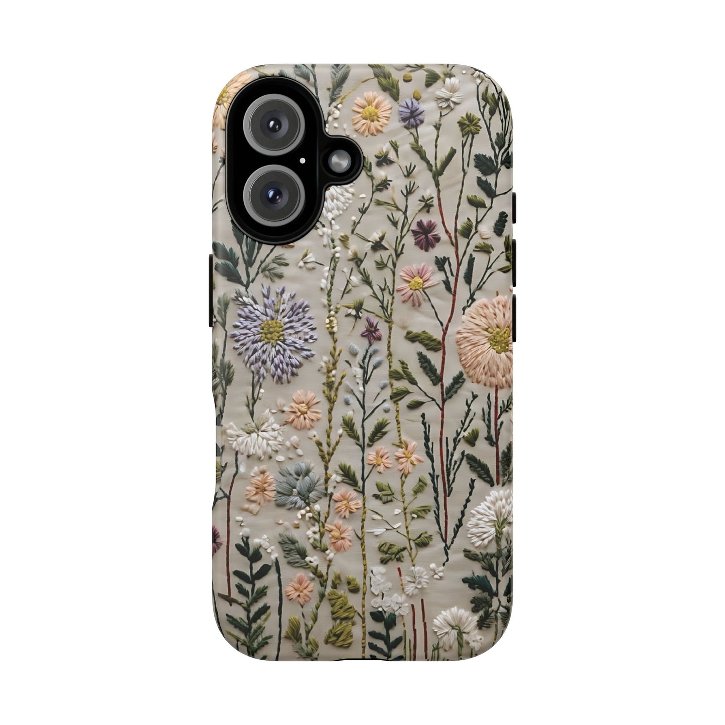 Intricate Embroidery Artwork Featuring Botanical Elements On Beige phone case design.