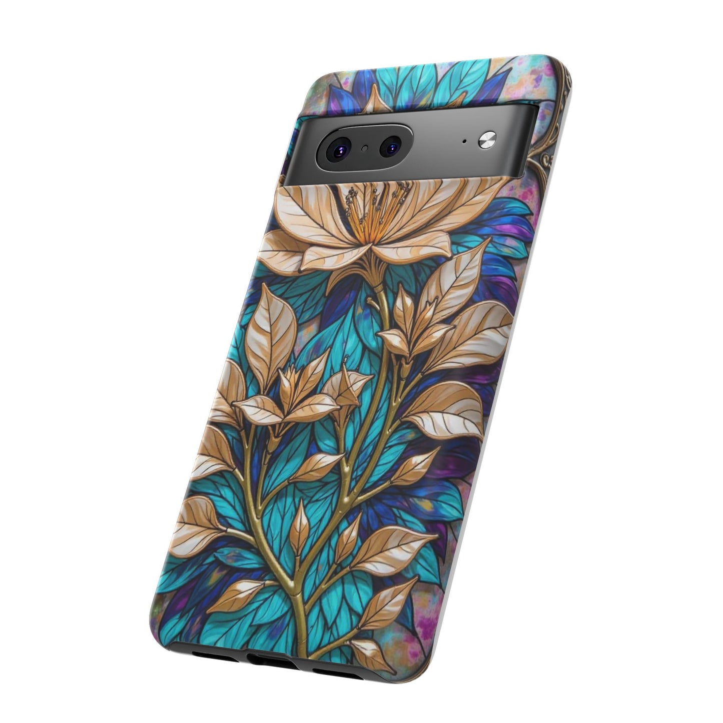Majestic Golden Blossoms on Mosaic Blue Splendor