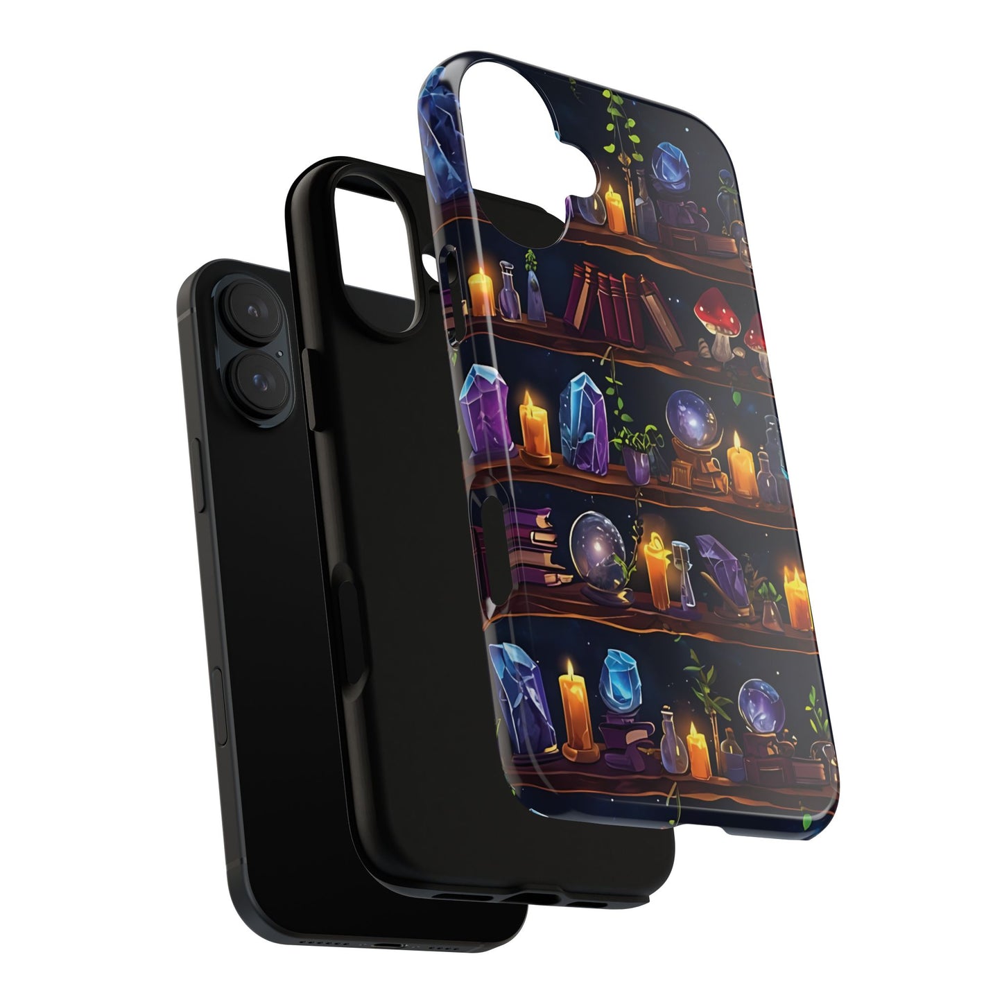 Fantasy Seamless Pattern Of Wooden Shelves Filled With Mystical Items phone case design.