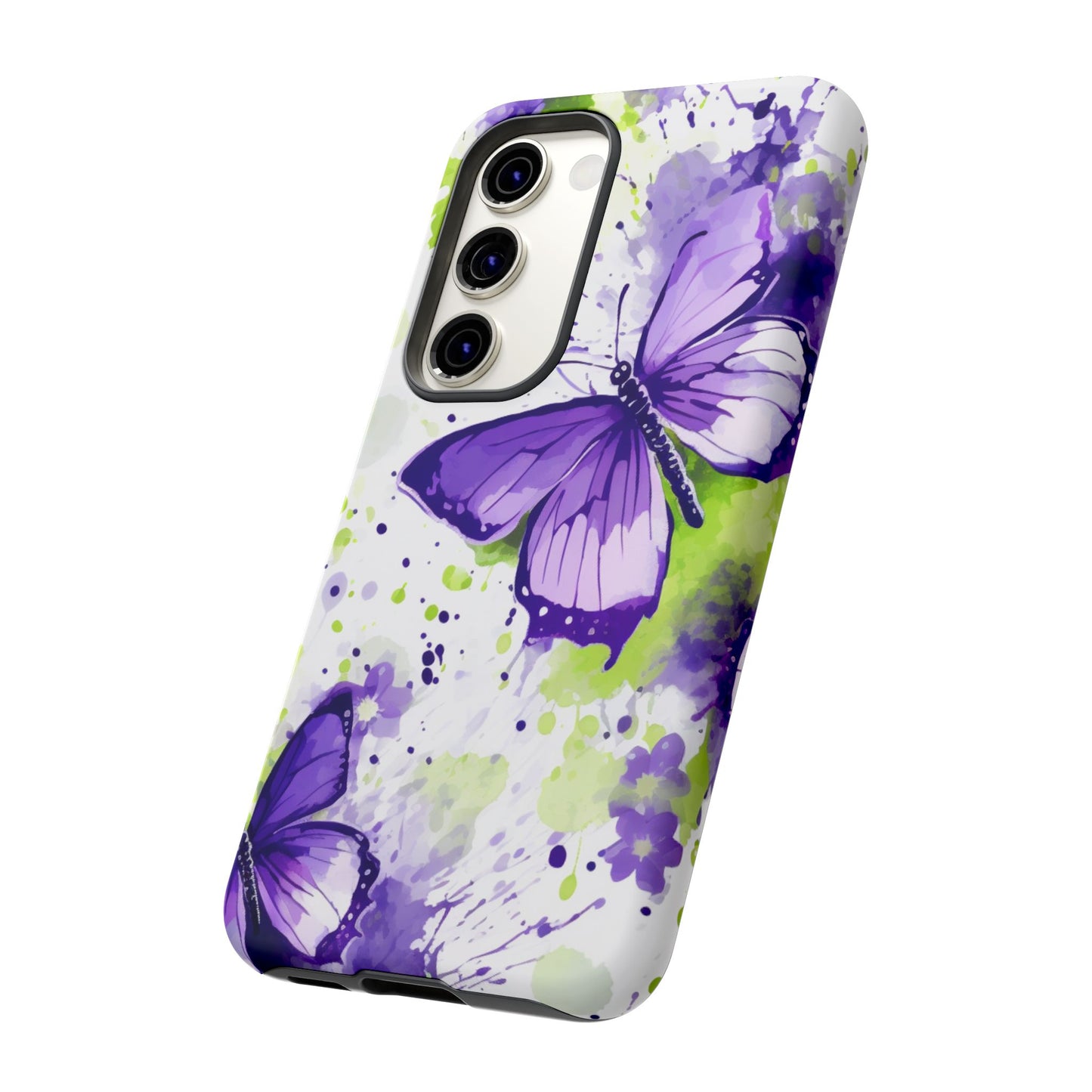 Vibrant Purple Butterfly Splash Mobile Cover – Artistic Green & Violet Aesthetic