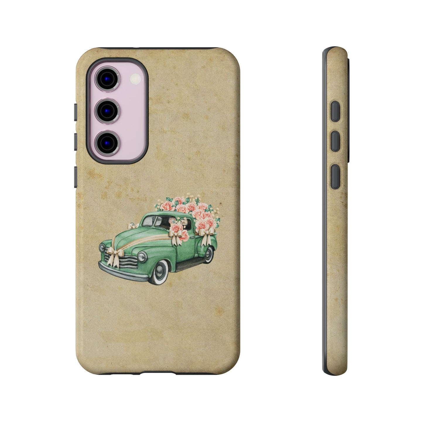 Minimal Vintage Floral Car Phone Case – Green Classic Car on Beige Background – for iPhone, Samsung & Google Pixel