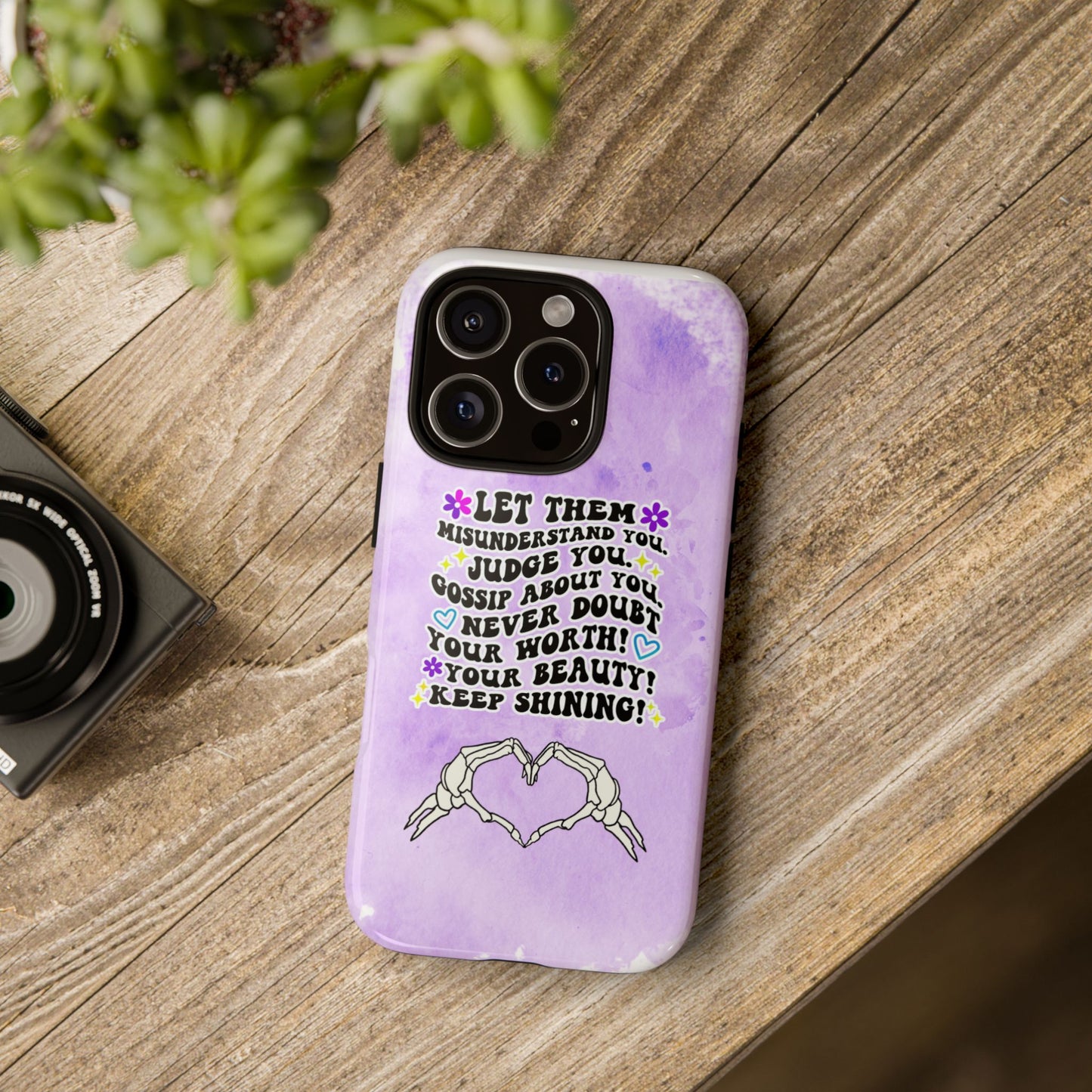 Skeleton Hand Heart Phone Case, Let Them Misunderstand You, Judge You, Gossip About You, Never Doubt Your Worth, Your Beauty Keep Shining Phone Case, Motivational Quote Cover for iPhone, Samsung & Google Pixel White Peach Checkered Pattern Phone Cover