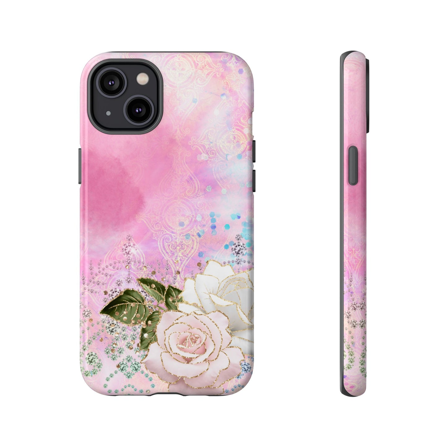Luxury Pink & White Rose Glitter Mobile Case – Elegant & Shimmering Design