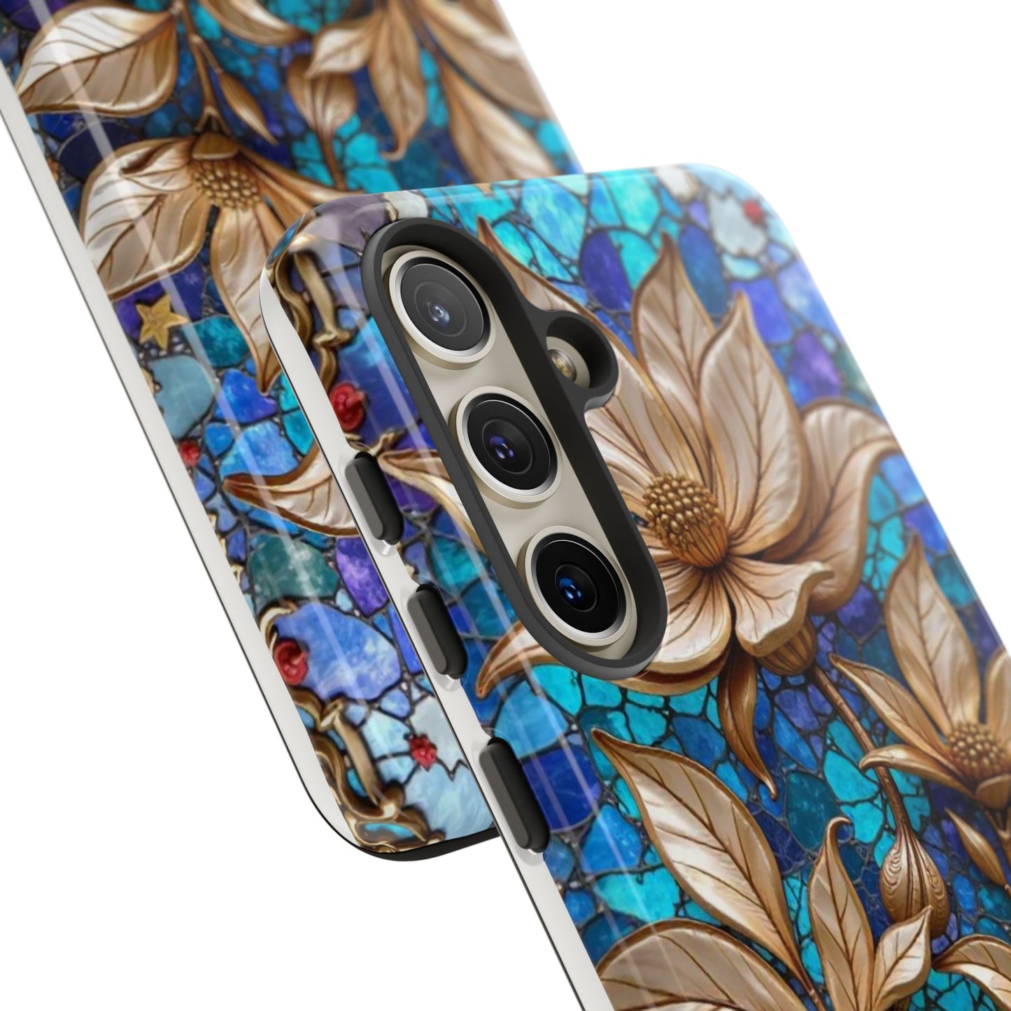 Golden Blossoms on Mosaic Blue Elegance