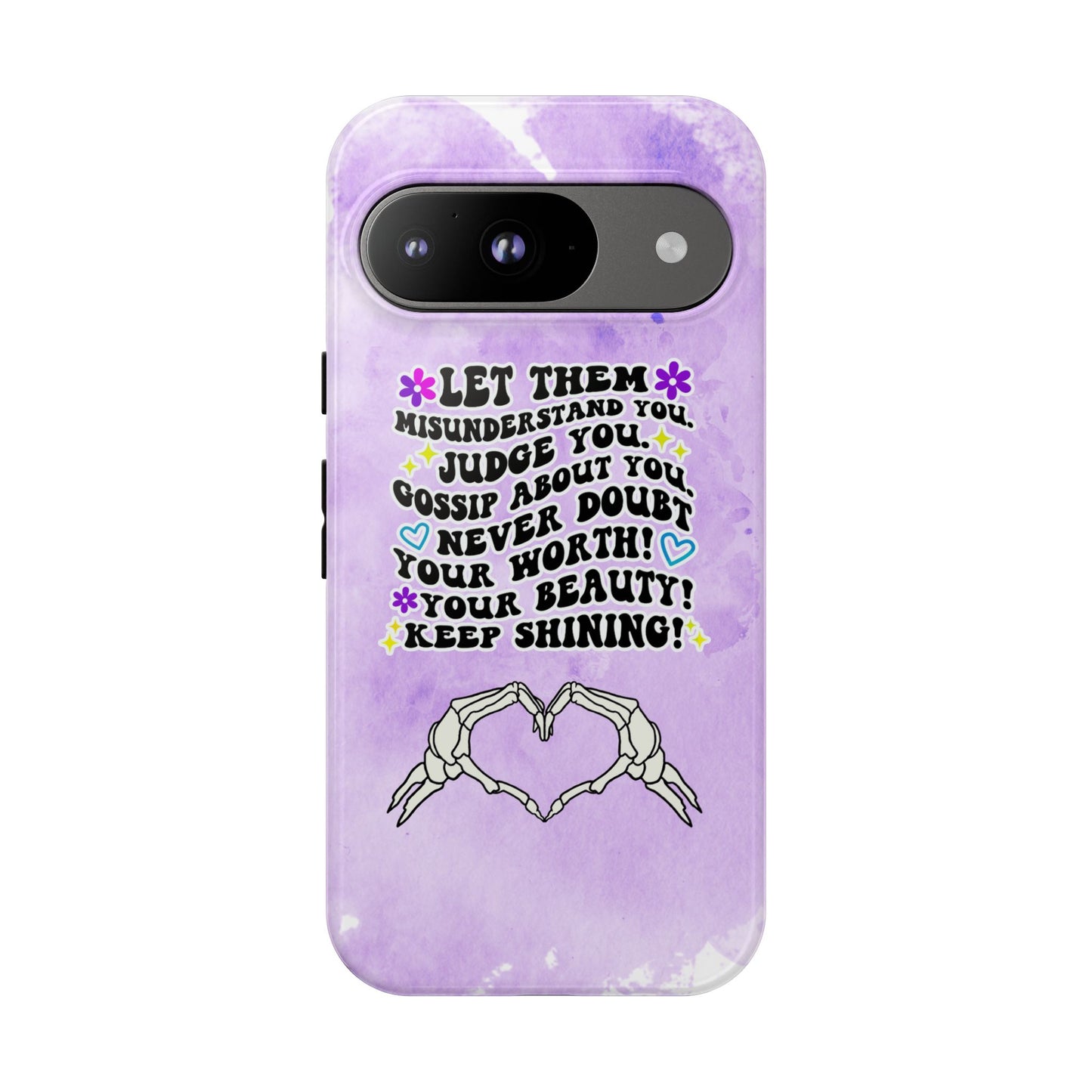 Skeleton Hand Heart Phone Case, Let Them Misunderstand You, Judge You, Gossip About You, Never Doubt Your Worth, Your Beauty Keep Shining Phone Case, Motivational Quote Cover for iPhone, Samsung & Google Pixel White Peach Checkered Pattern Phone Cover