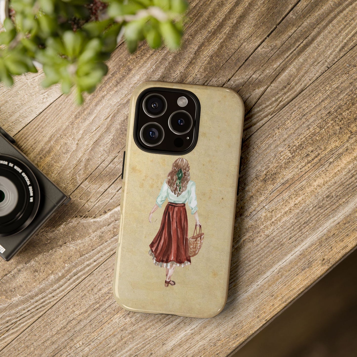 Minimal Vintage Girl with Bag Phone Case – Aesthetic Beige Design for iPhone, Samsung & Google Pixel