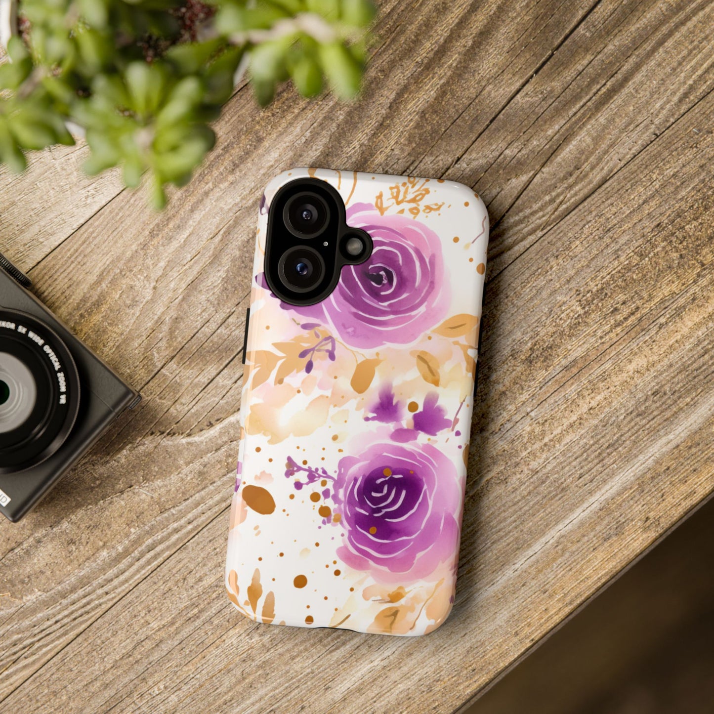 Purple Bloom Watercolor Mobile Case – Artistic Elegance in Gold & Lilac