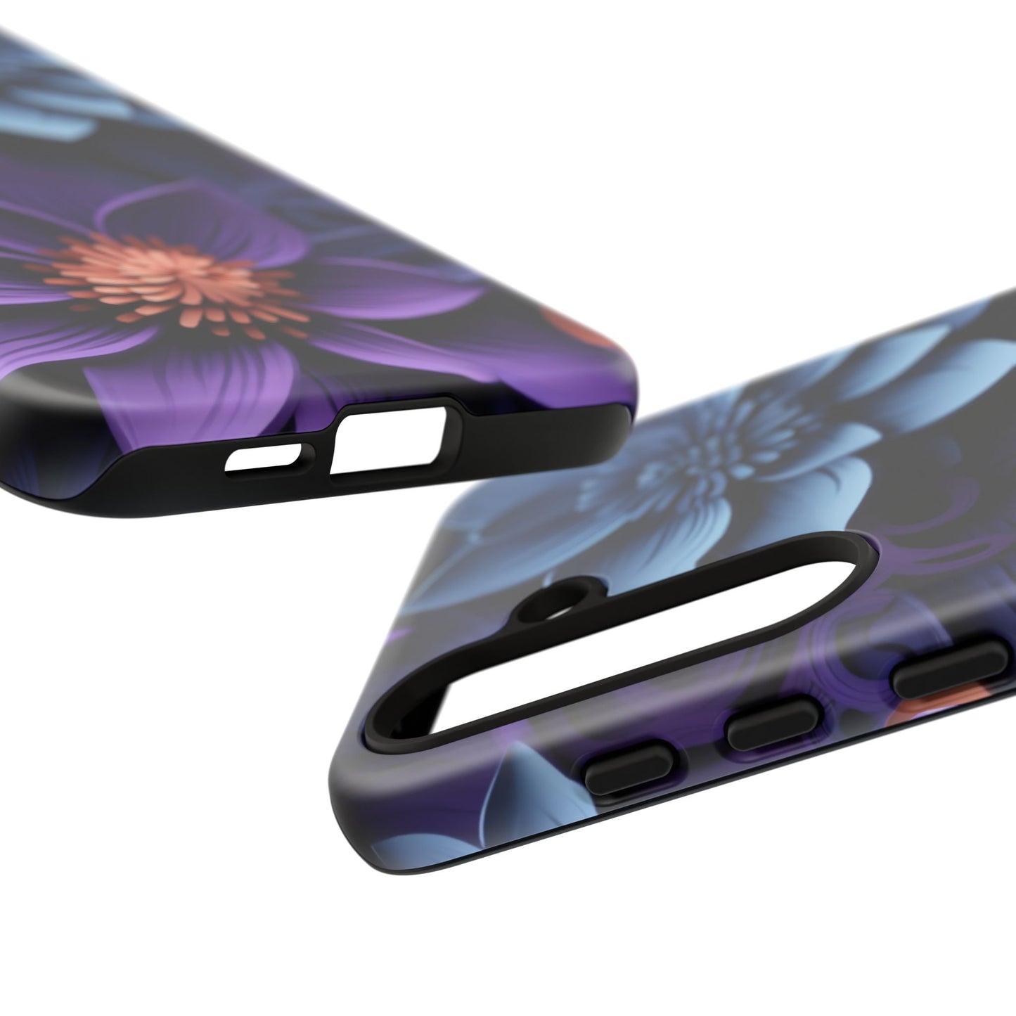 3D Floral Elegance Mobile Case – Midnight Blue & Purple Bloom