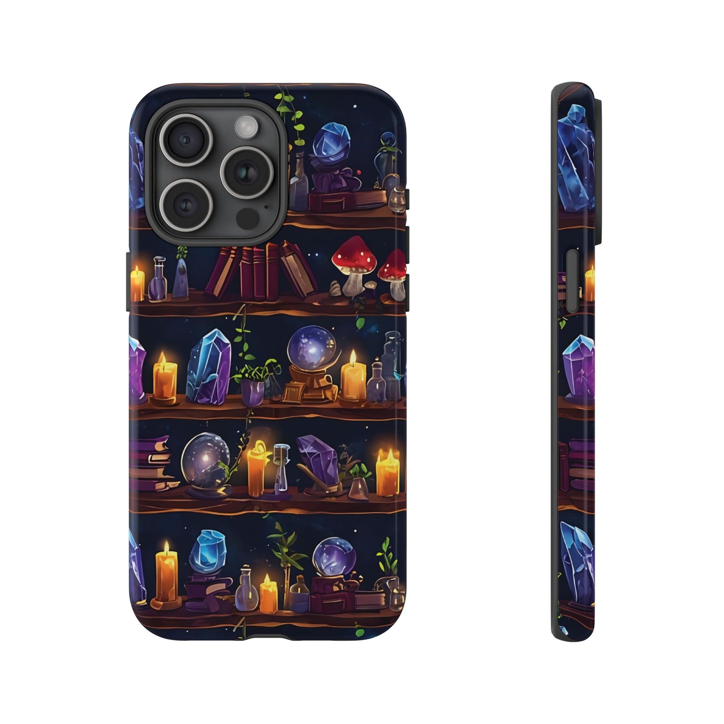 Fantasy Seamless Pattern Of Wooden Shelves Filled With Mystical Items phone case design.