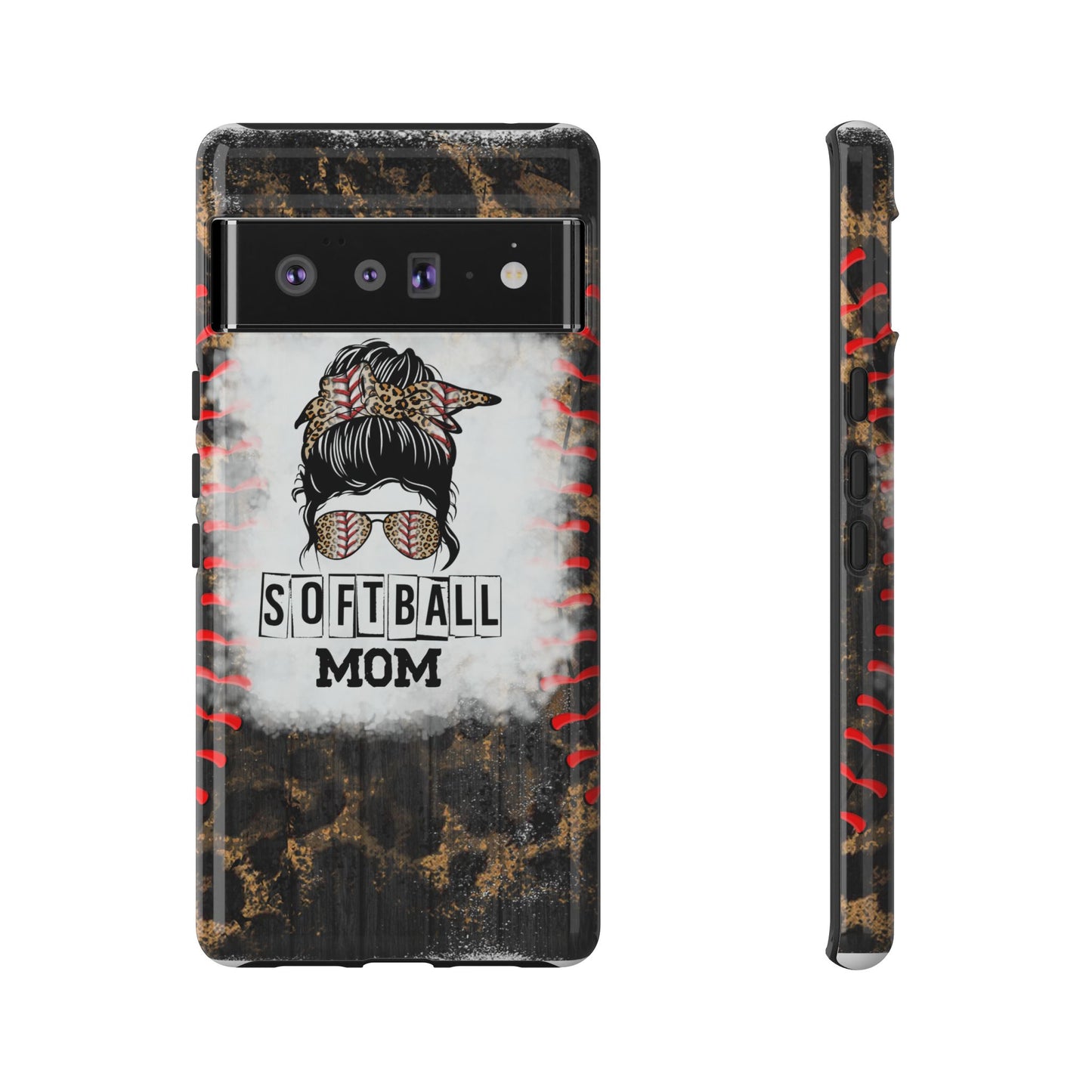 Softball Mom Phone Case for iPhone, Samsung & Google Pixel, Messy Bun Phone Case, Leopard Print Phone Case, Sports Lover Gift