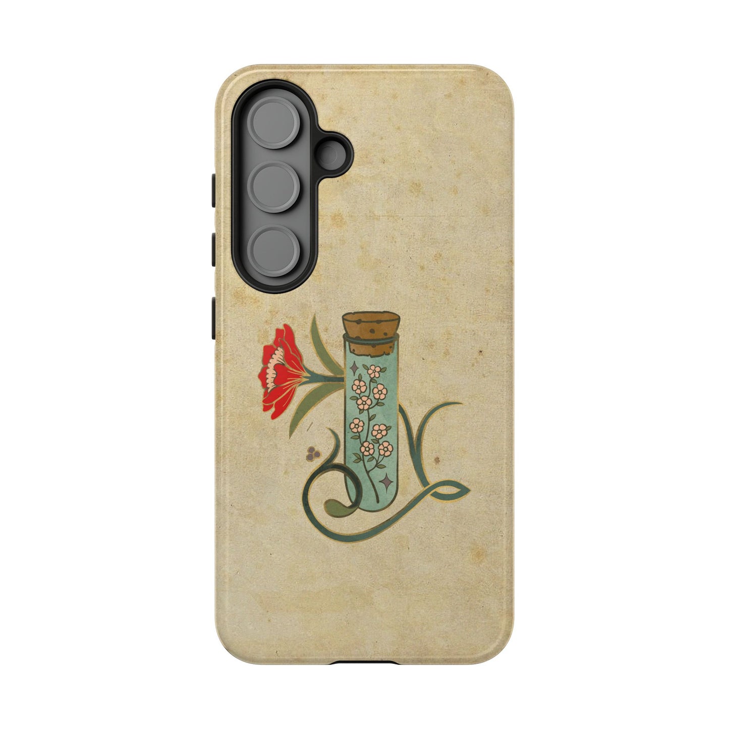 Vintage Floral Glass Tube Phone Case – Minimal Aesthetic, Beige Background (iPhone, Samsung, Pixel)