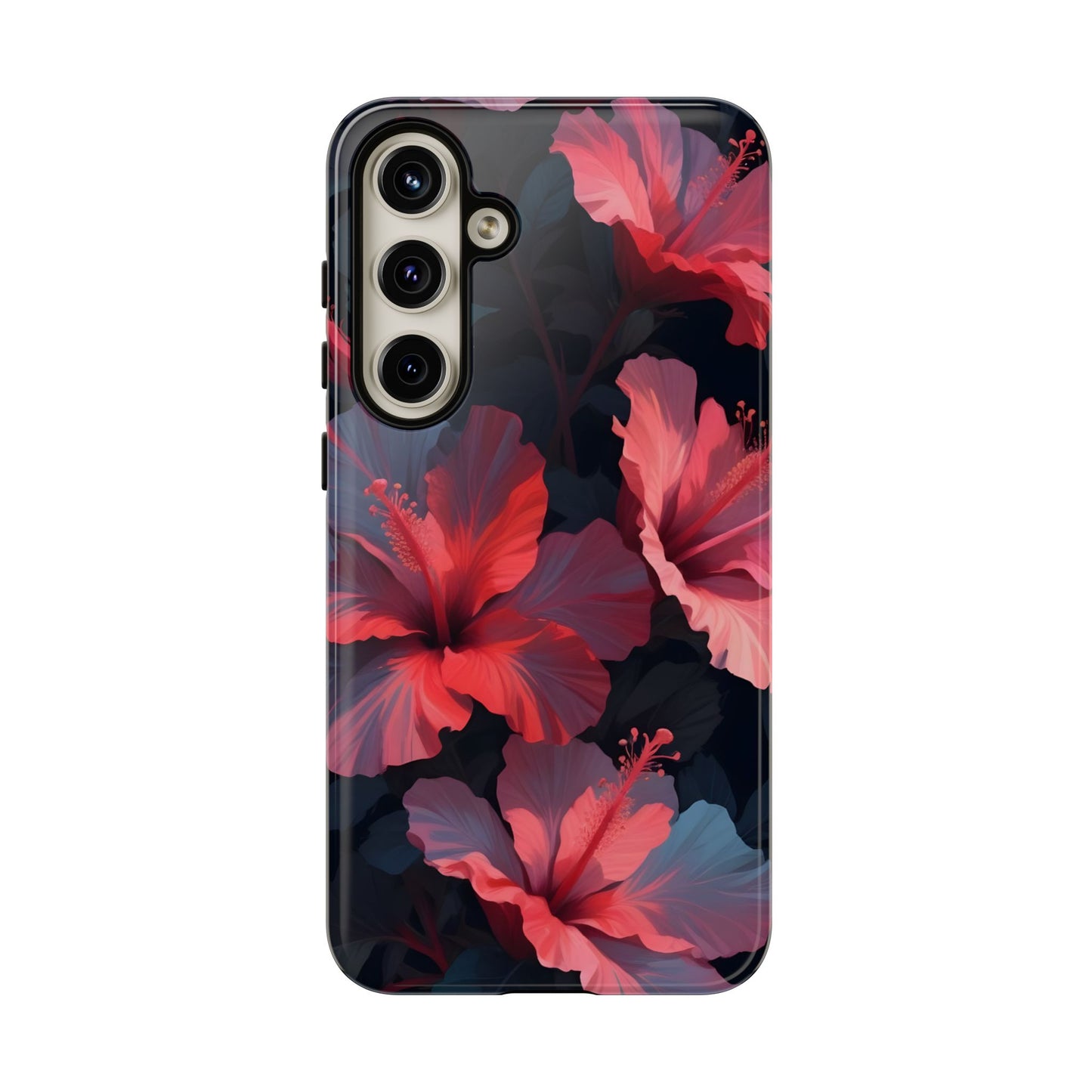 Vibrant red and pink hibiscus flowers blooming against a dark background| Floral phone case design