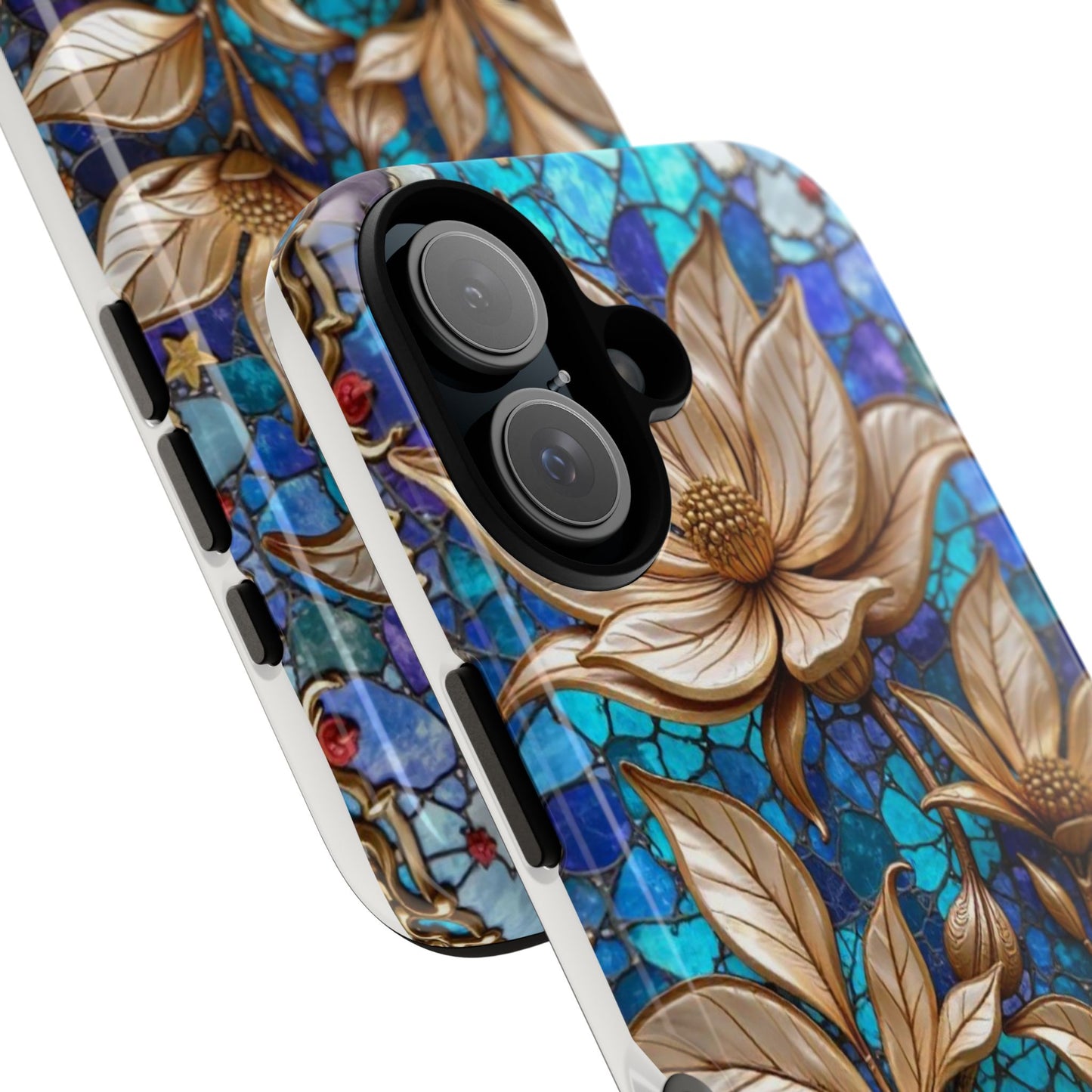 Golden Blossoms on Mosaic Blue Elegance