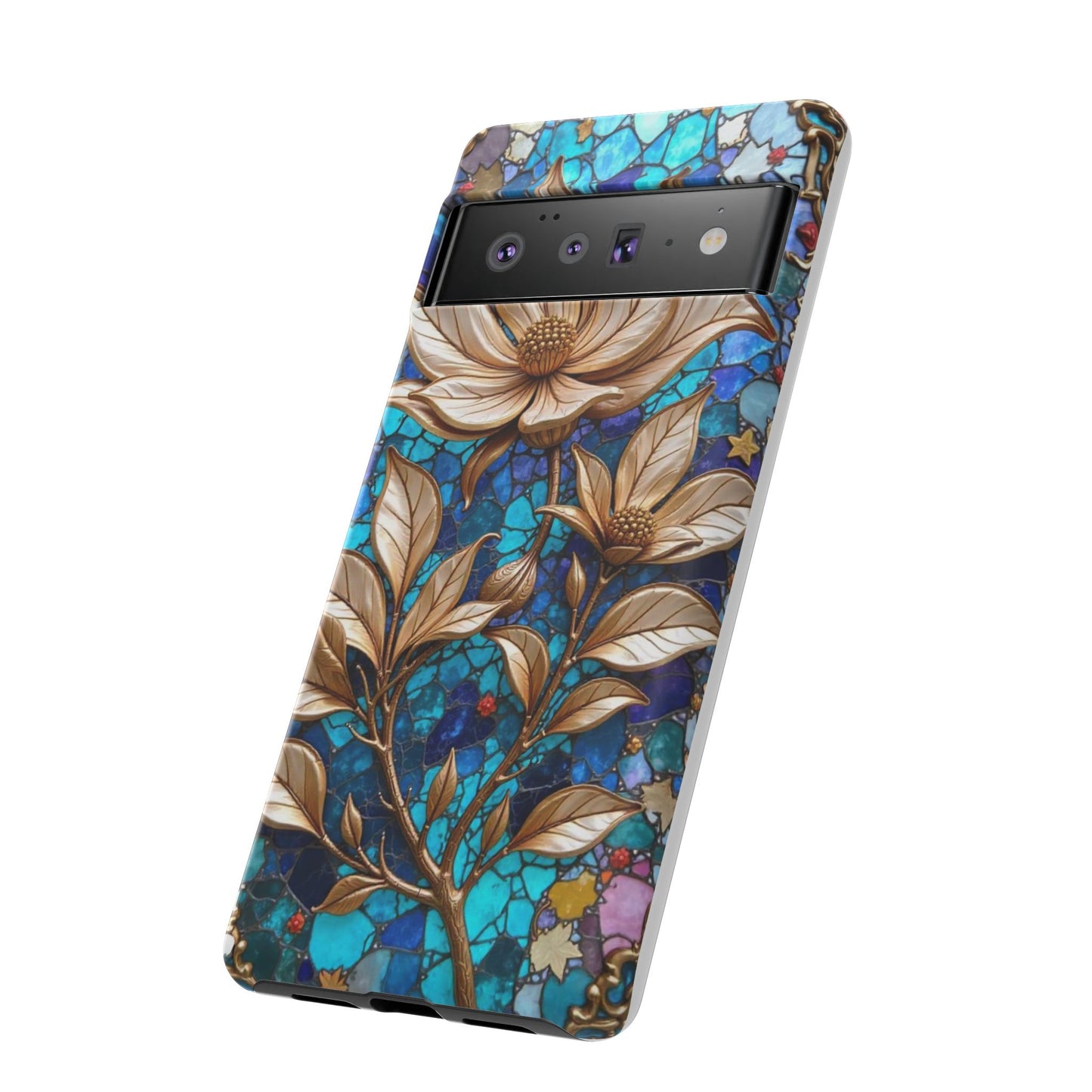 Golden Blossoms on Mosaic Blue Elegance