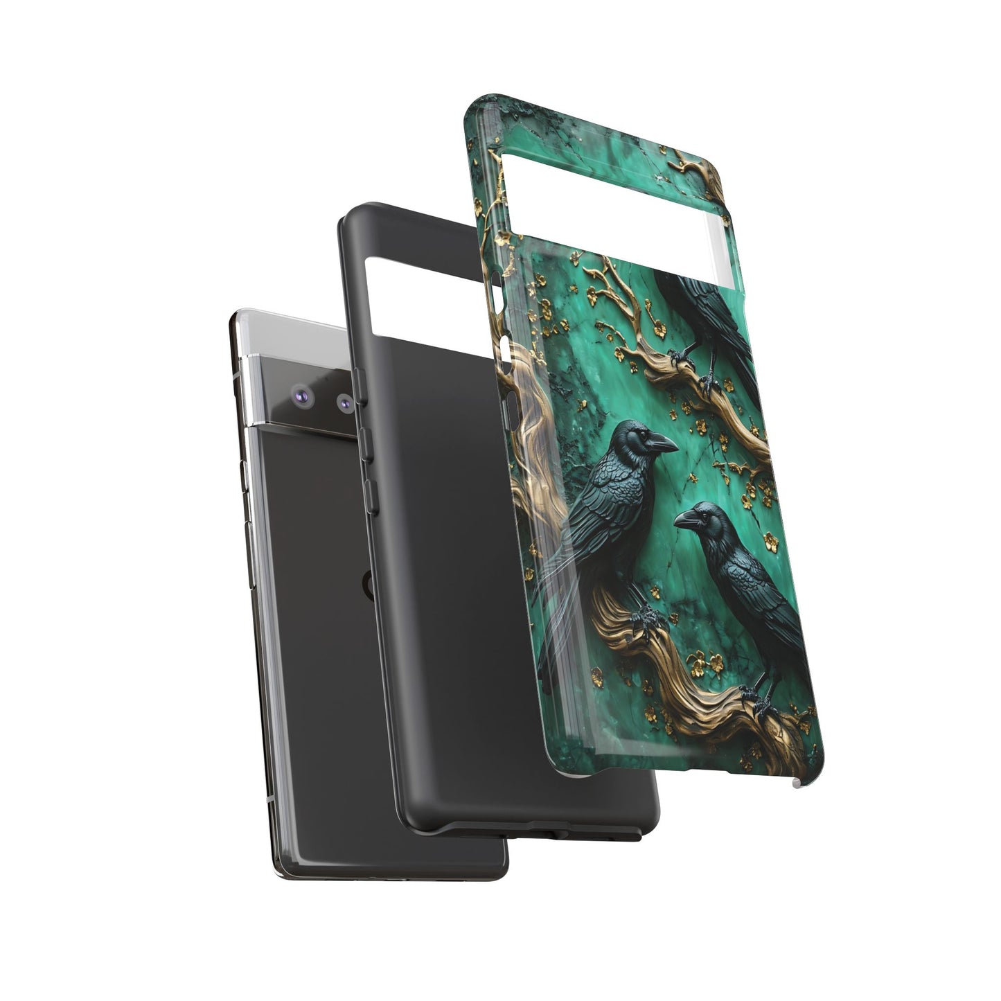 Three Black Ravens Perched On Gold-Accent Branches phone case design