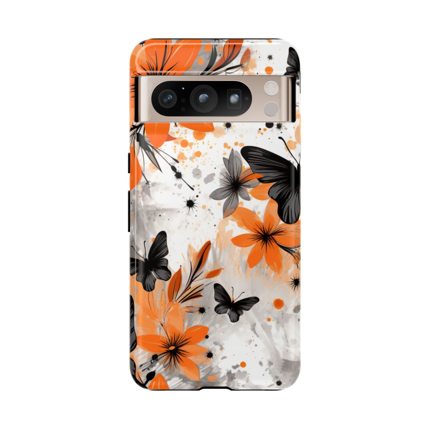 Bold Butterfly & Floral Splash Mobile Cover – Black & Orange Aesthetic