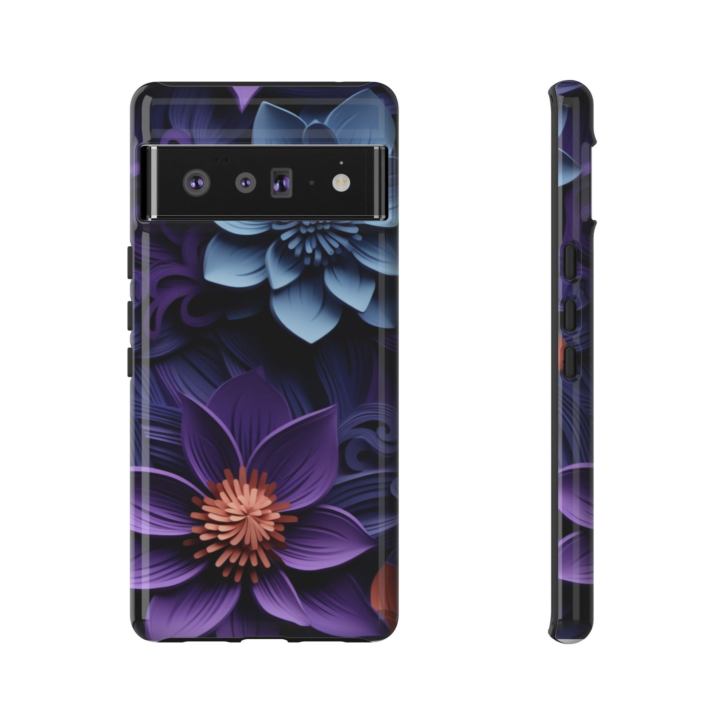 3D Floral Elegance Mobile Case – Midnight Blue & Purple Bloom