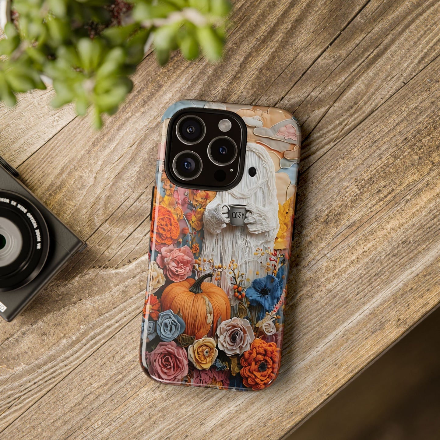 Colorful Whimsical Artwork of Ghost in Autumn Scene phone case design.
