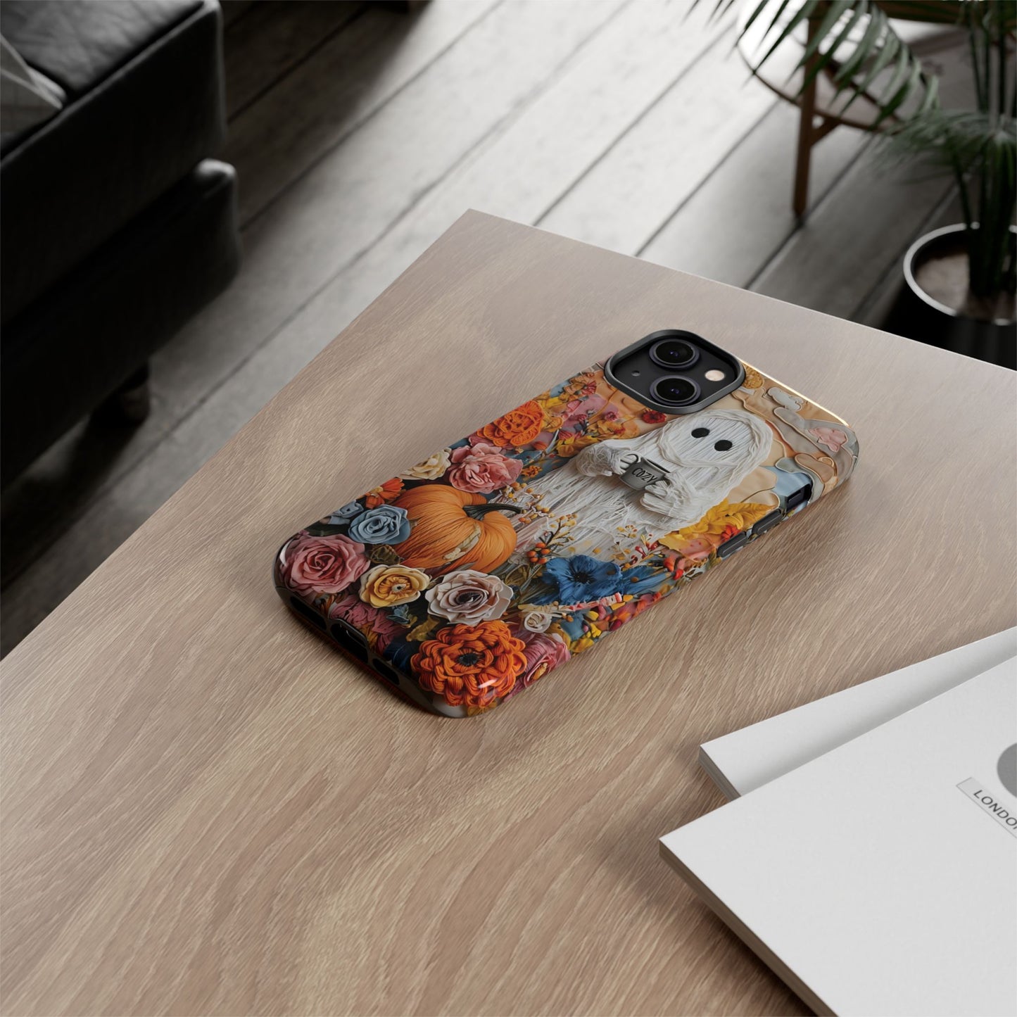 Colorful Whimsical Artwork of Ghost in Autumn Scene phone case design.