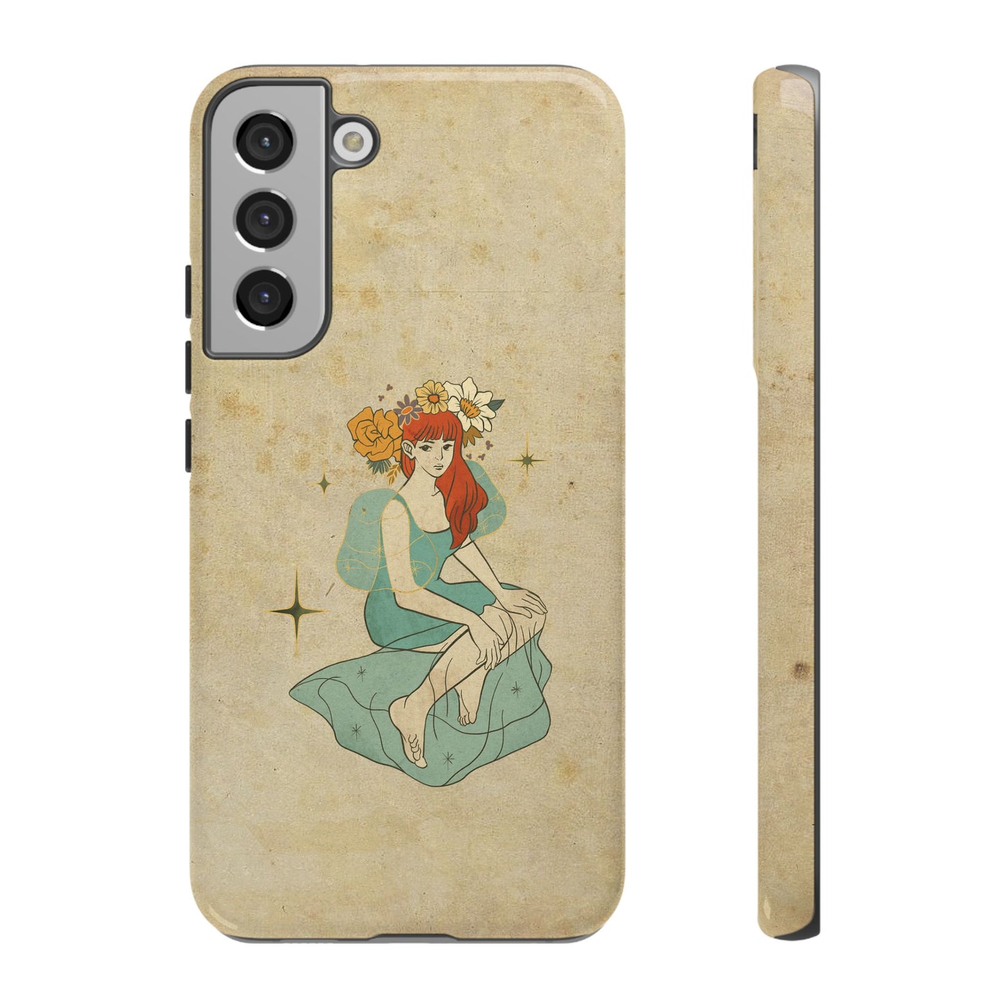 Vintage Aesthetic Phone Case – Cute Girl with Flower Crown | Minimal Beige Cover for iPhone, Samsung & Pixel