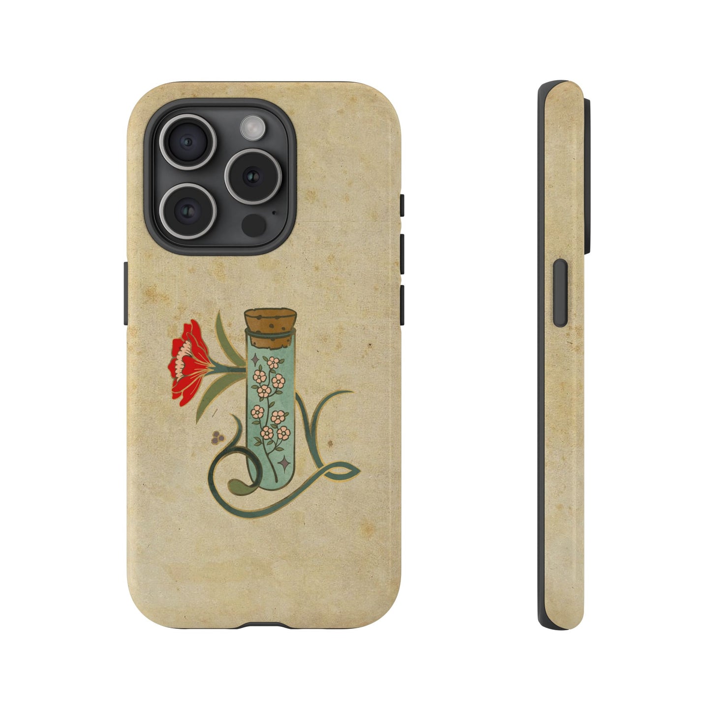 Vintage Floral Glass Tube Phone Case – Minimal Aesthetic, Beige Background (iPhone, Samsung, Pixel)