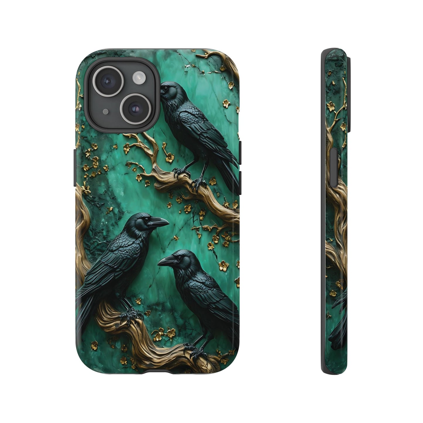 Three Black Ravens Perched On Gold-Accent Branches phone case design
