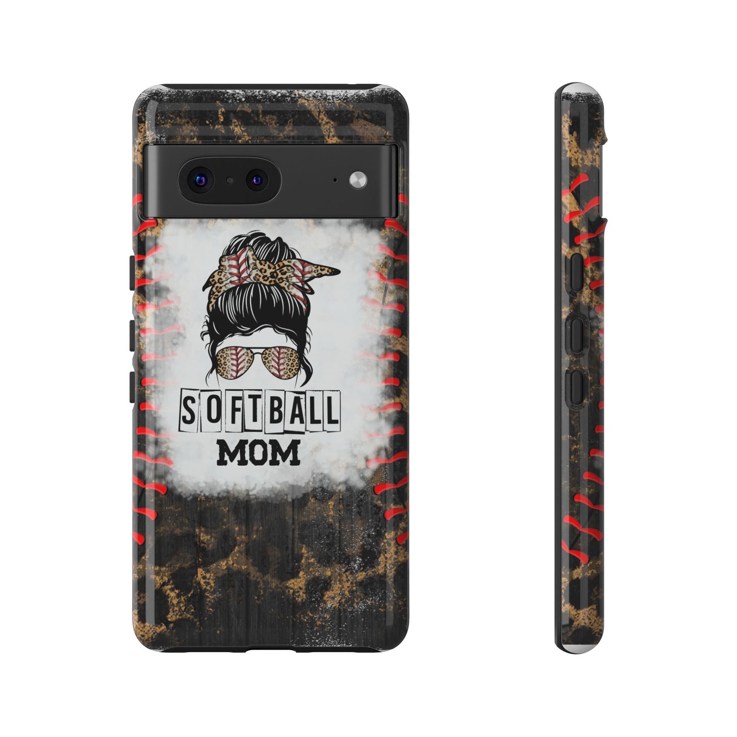 Softball Mom Phone Case for iPhone, Samsung & Google Pixel, Messy Bun Phone Case, Leopard Print Phone Case, Sports Lover Gift