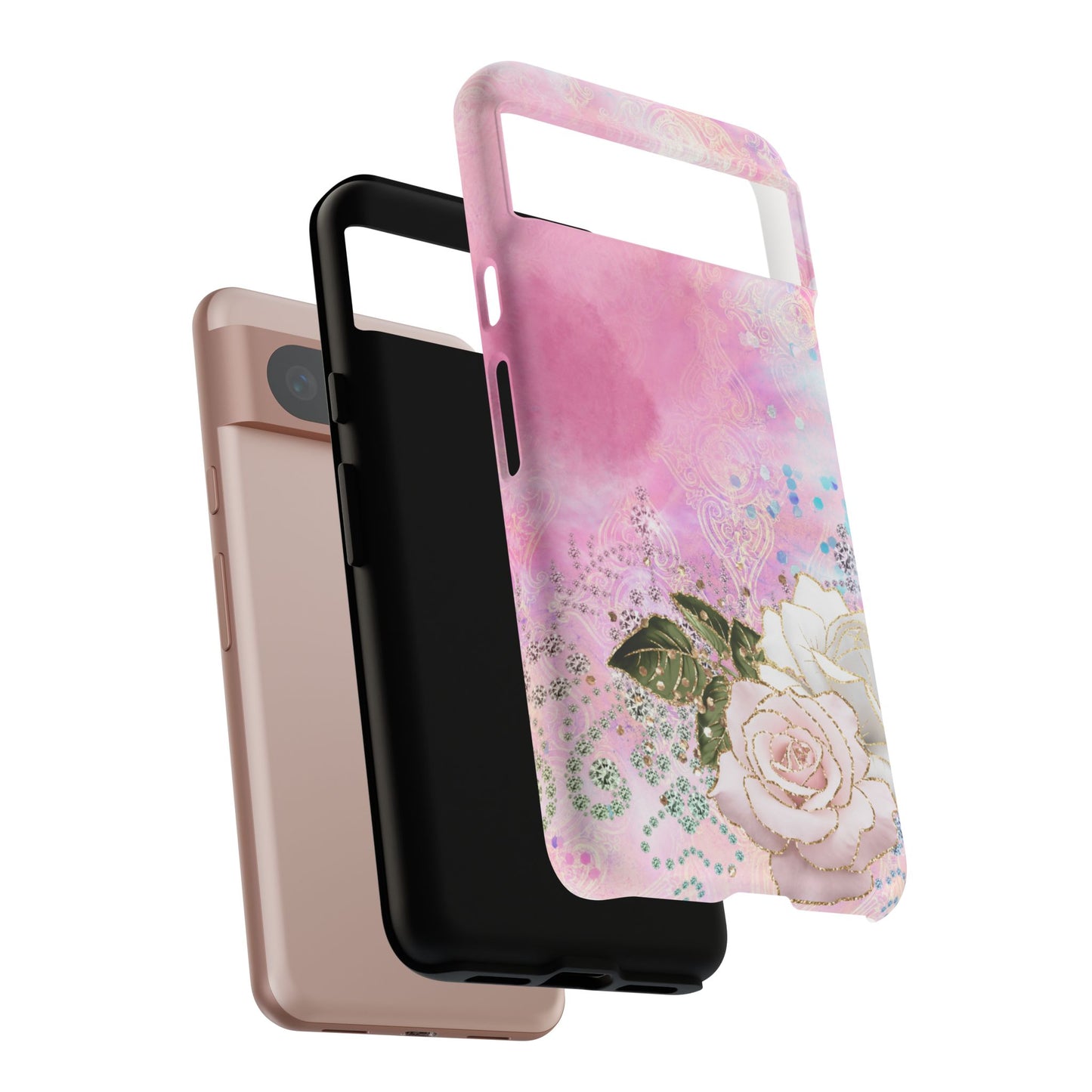 Luxury Pink & White Rose Glitter Mobile Case – Elegant & Shimmering Design