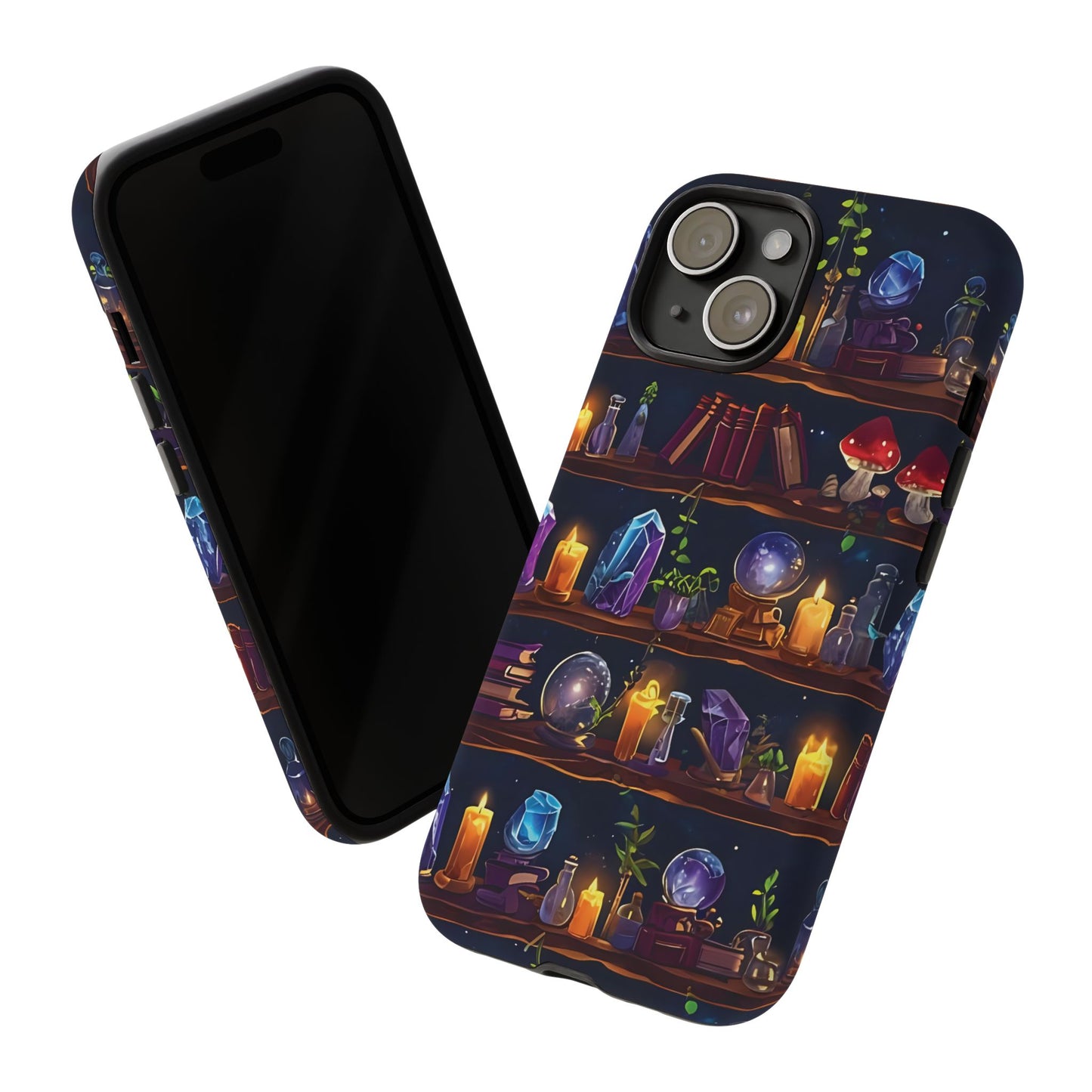 Fantasy Seamless Pattern Of Wooden Shelves Filled With Mystical Items phone case design.