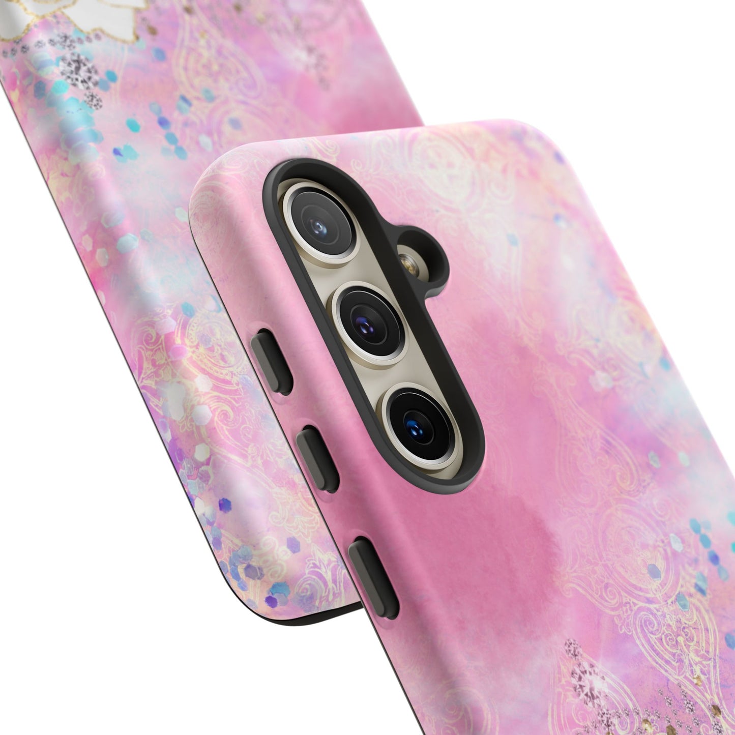 Luxury Pink & White Rose Glitter Mobile Case – Elegant & Shimmering Design