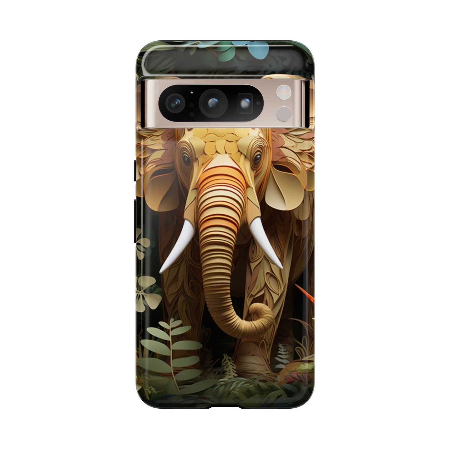 Golden Jungle Elephant Mobile Cover – Intricate Paper Art Design