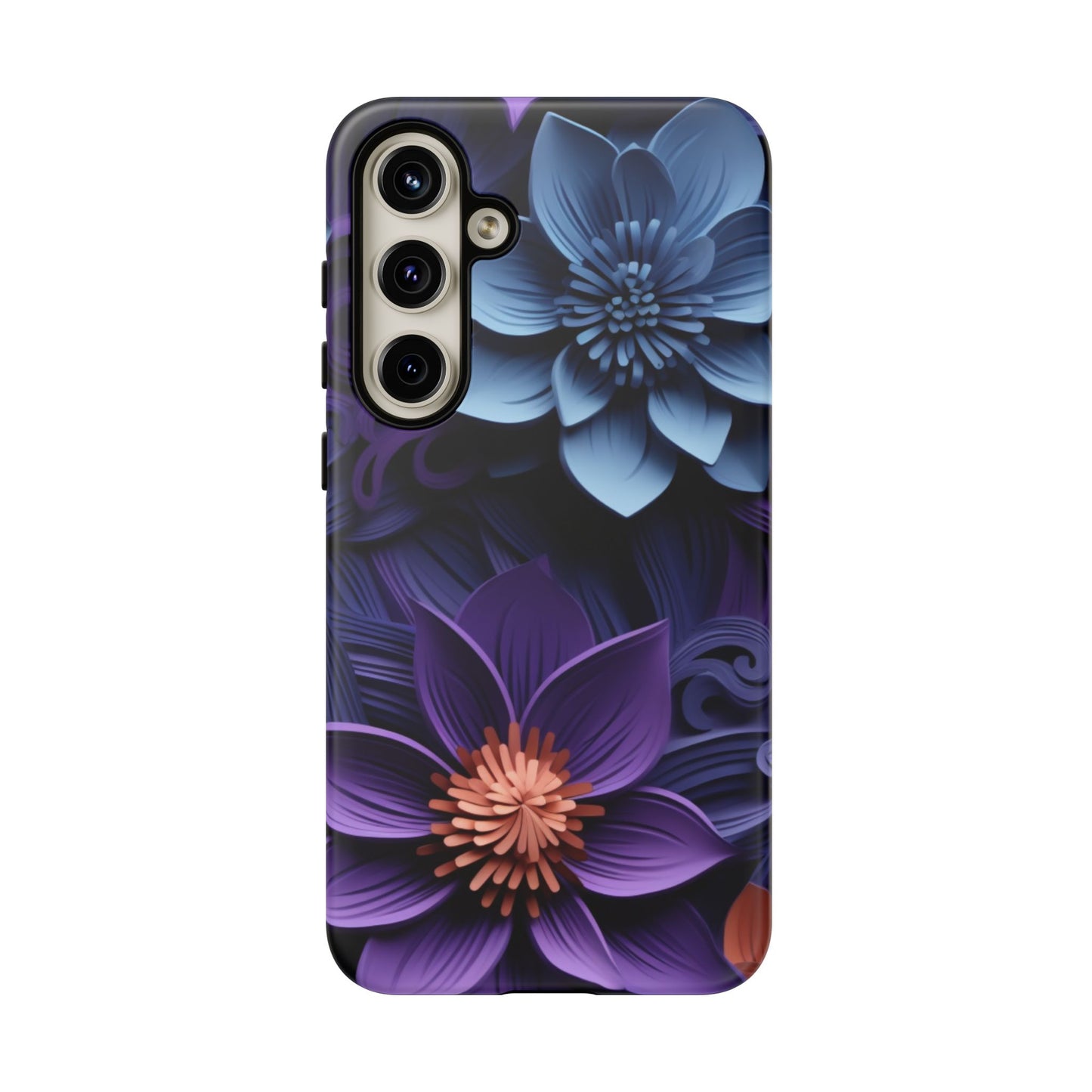 3D Floral Elegance Mobile Case – Midnight Blue & Purple Bloom